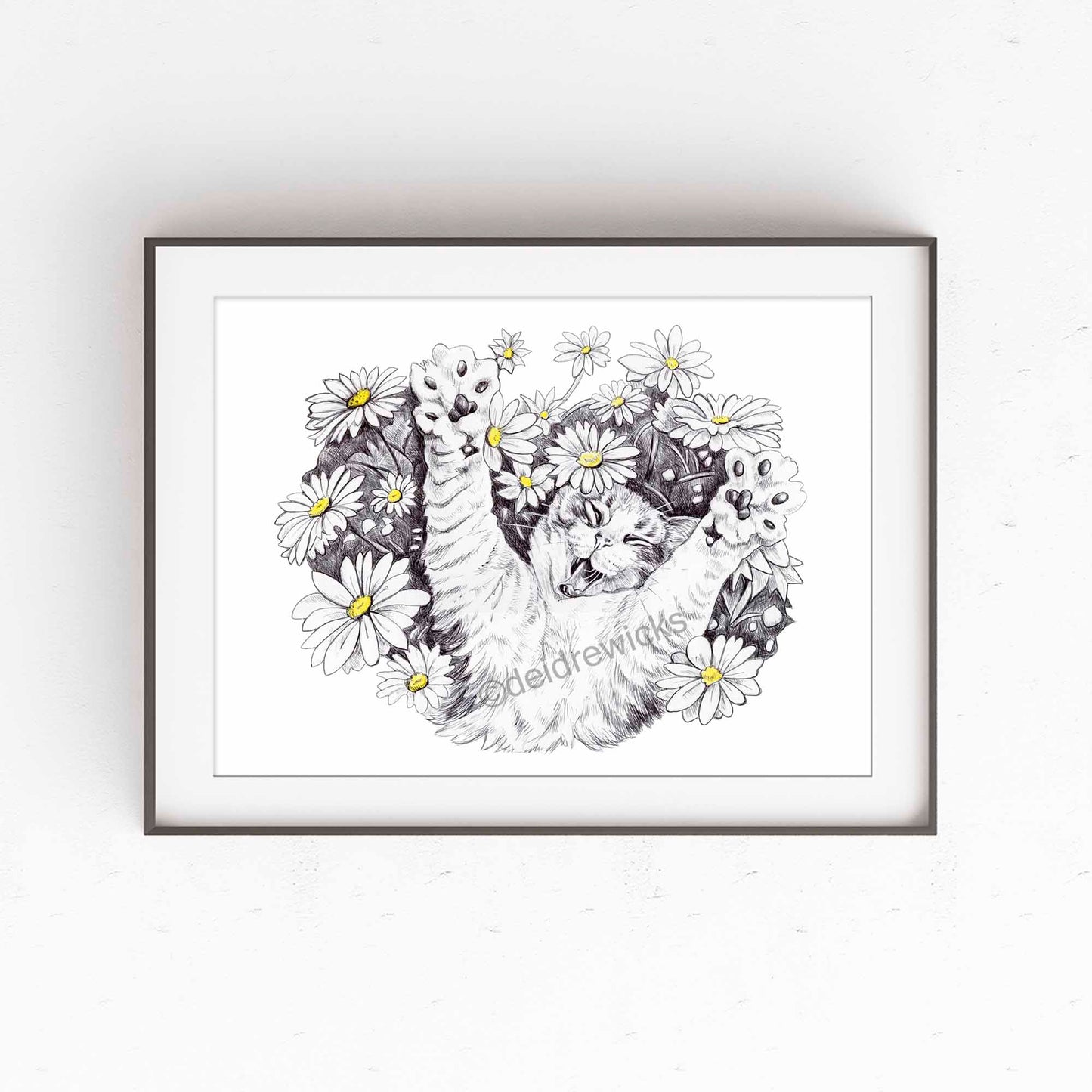 Framed example of cat lying in daisies. Ballpoint pen art by Deidre Wicks