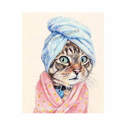 Coloured pencil drawing of a tabby cat wearing a pink bathrobe and blue bath towel. Art by Deidre WIcks