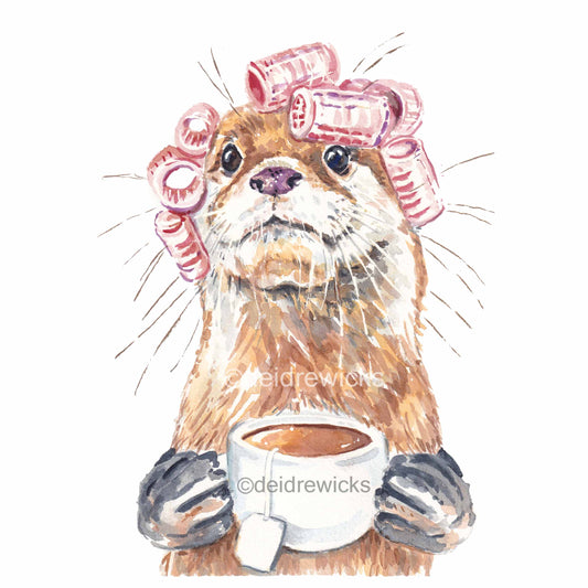 Watercolour painting of an otter enjoying a bit of down time to curl her hair and drink a cup of tea.