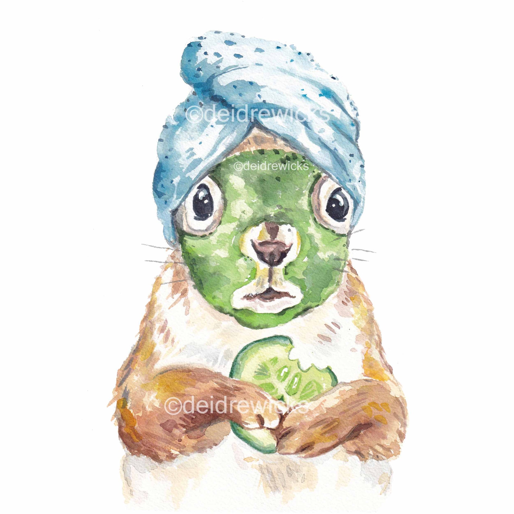 Watercolour painting of a squirrel wearing a clay face mask and holding a cucumber slice. Art by Deidre Wicks