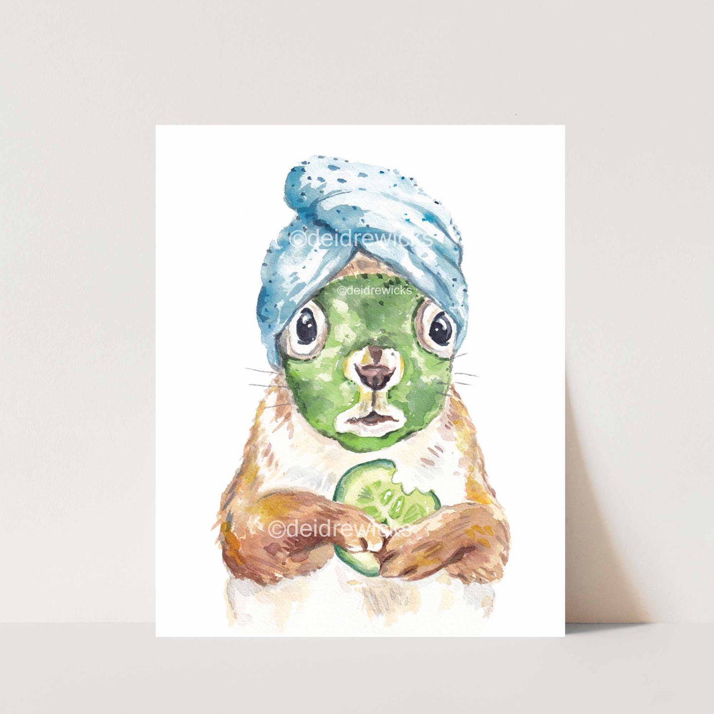Watercolour print of an adorable red squirrel who is at the spa, face mask and all. Archival paper print in various sizes.