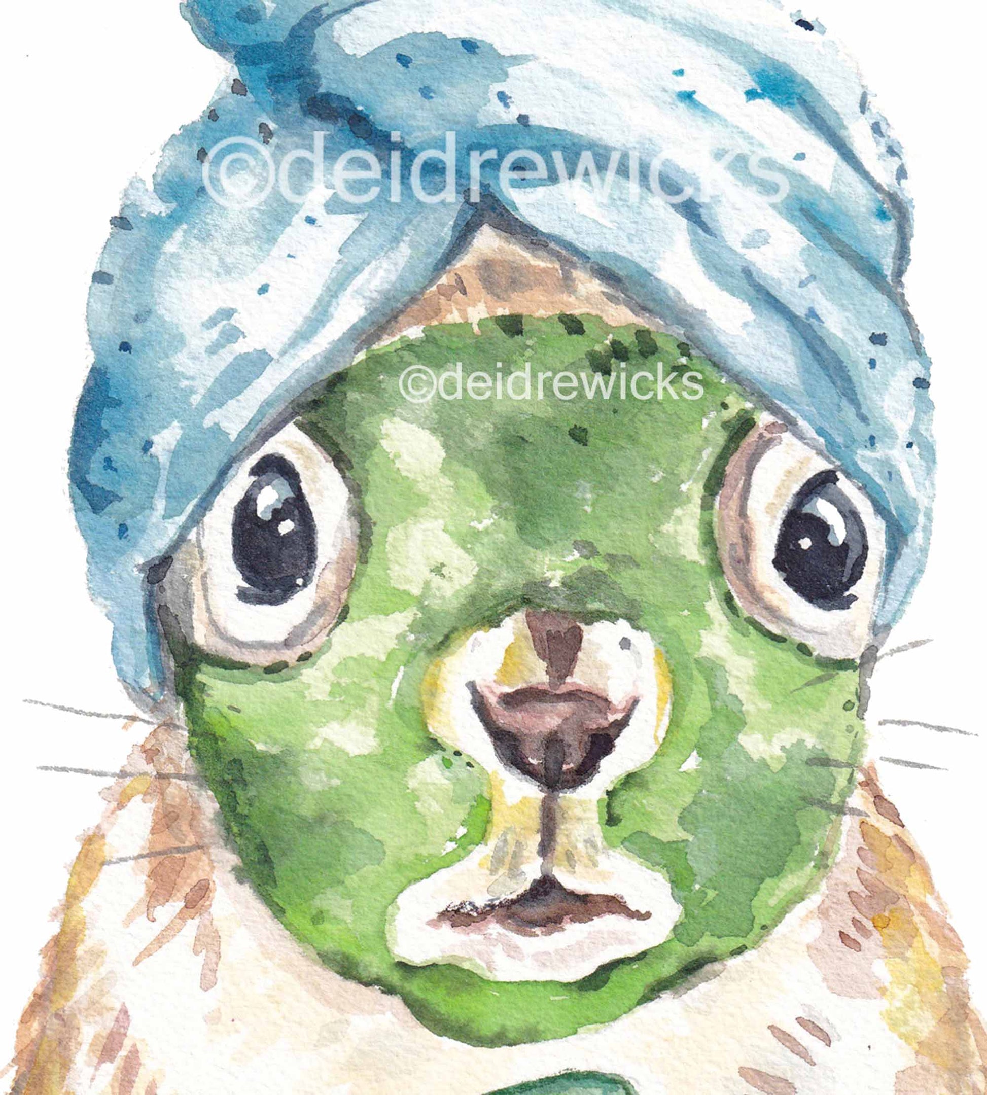 Close up of a watercolour painting of a squirrel wearing a clay face mask. Everyone needs some down time, even squirrels.