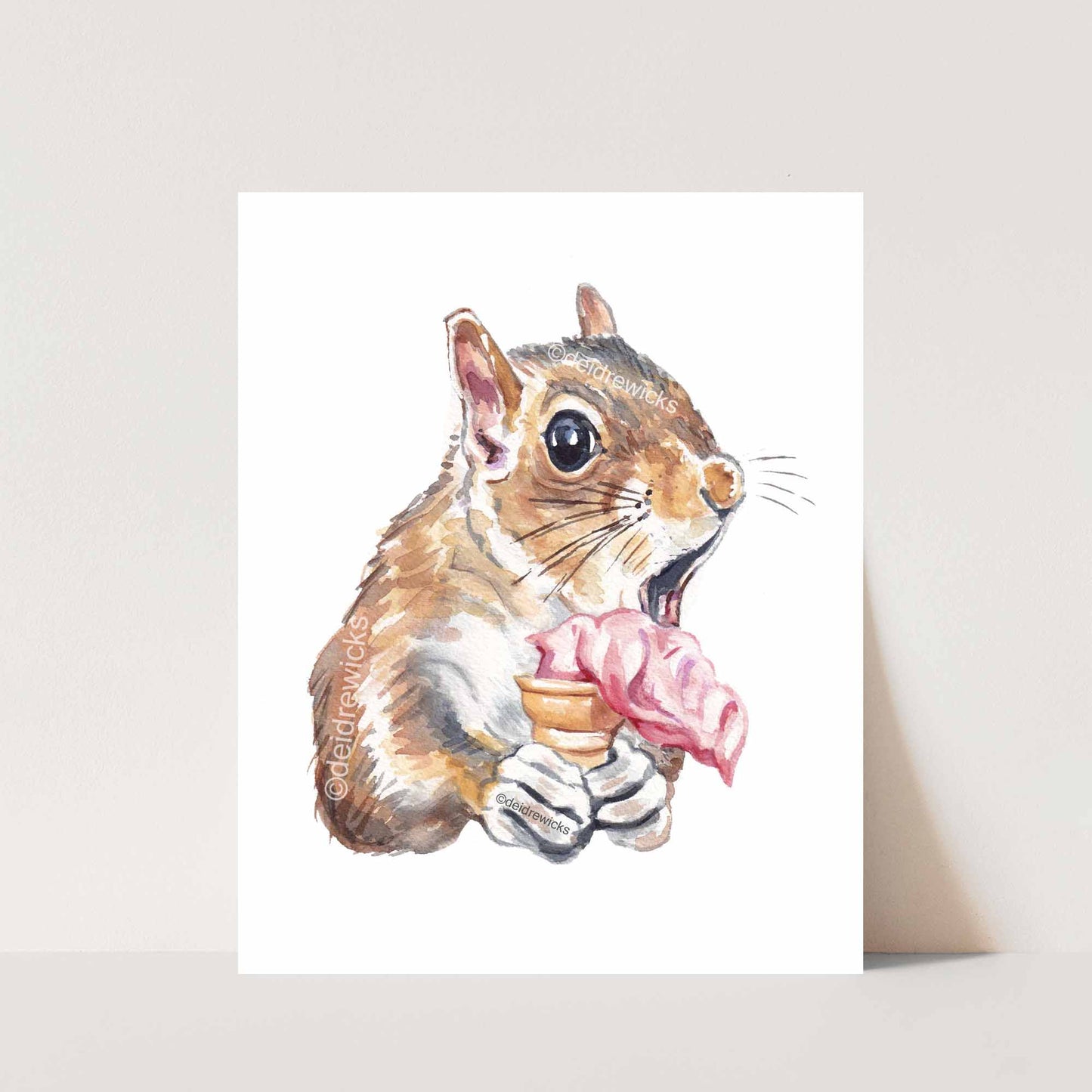 Squirrel watercolour print of a shocked little guy about to drop his soft serve ice cream by artist Deidre Wicks