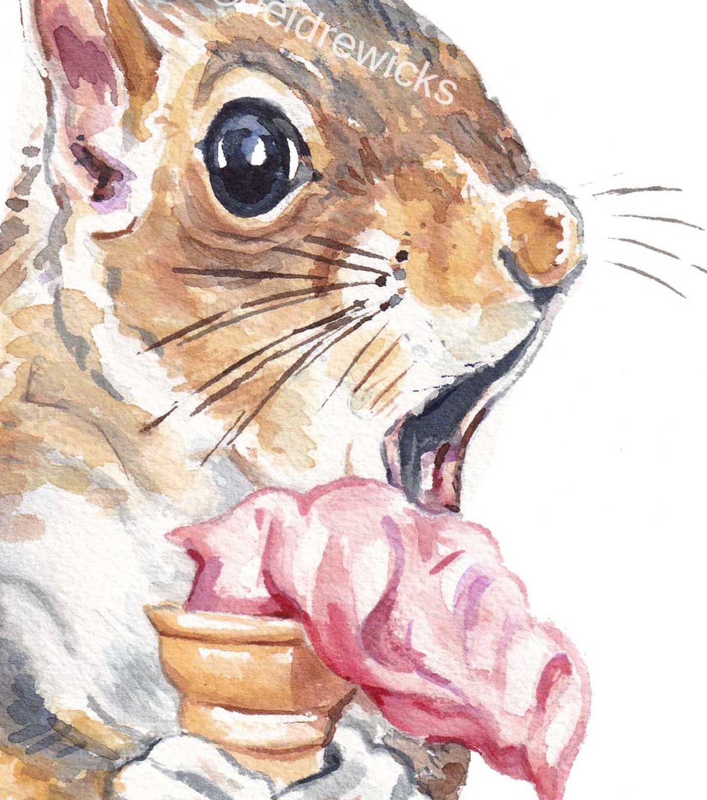 Close up of a squirrel about to dropped his ice cream, watercolour painting by Water In My Paint