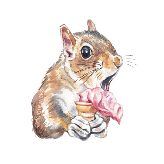 Watercolour painting of a squirrel about to drop his strawberry ice cream