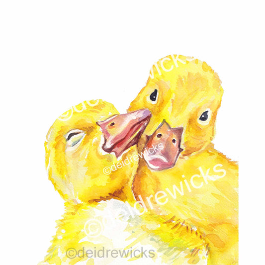 Watercolour painting of 2 young ducks snuggling because they're in love