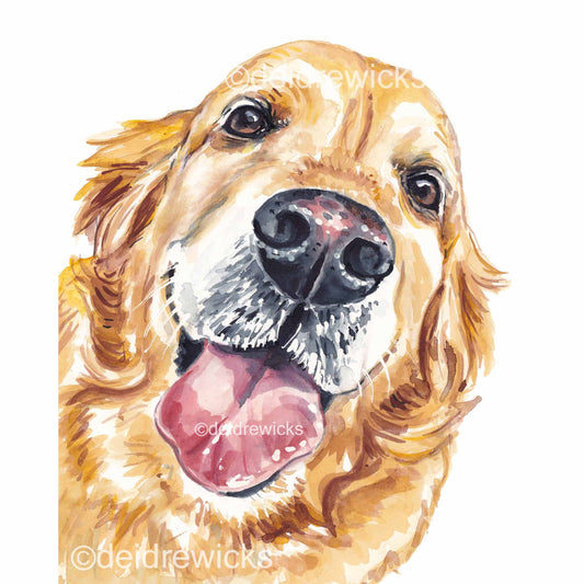 Watercolour painting of a smiling Golden retriever dog