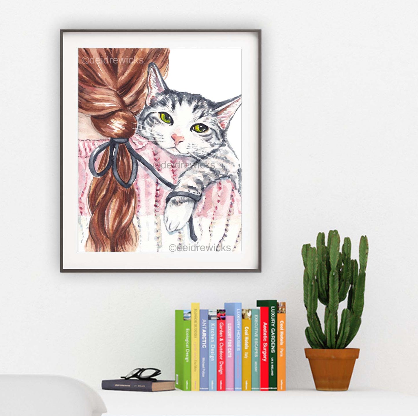 Framing suggestion for a cat watercolour painting by Deidre Wicks