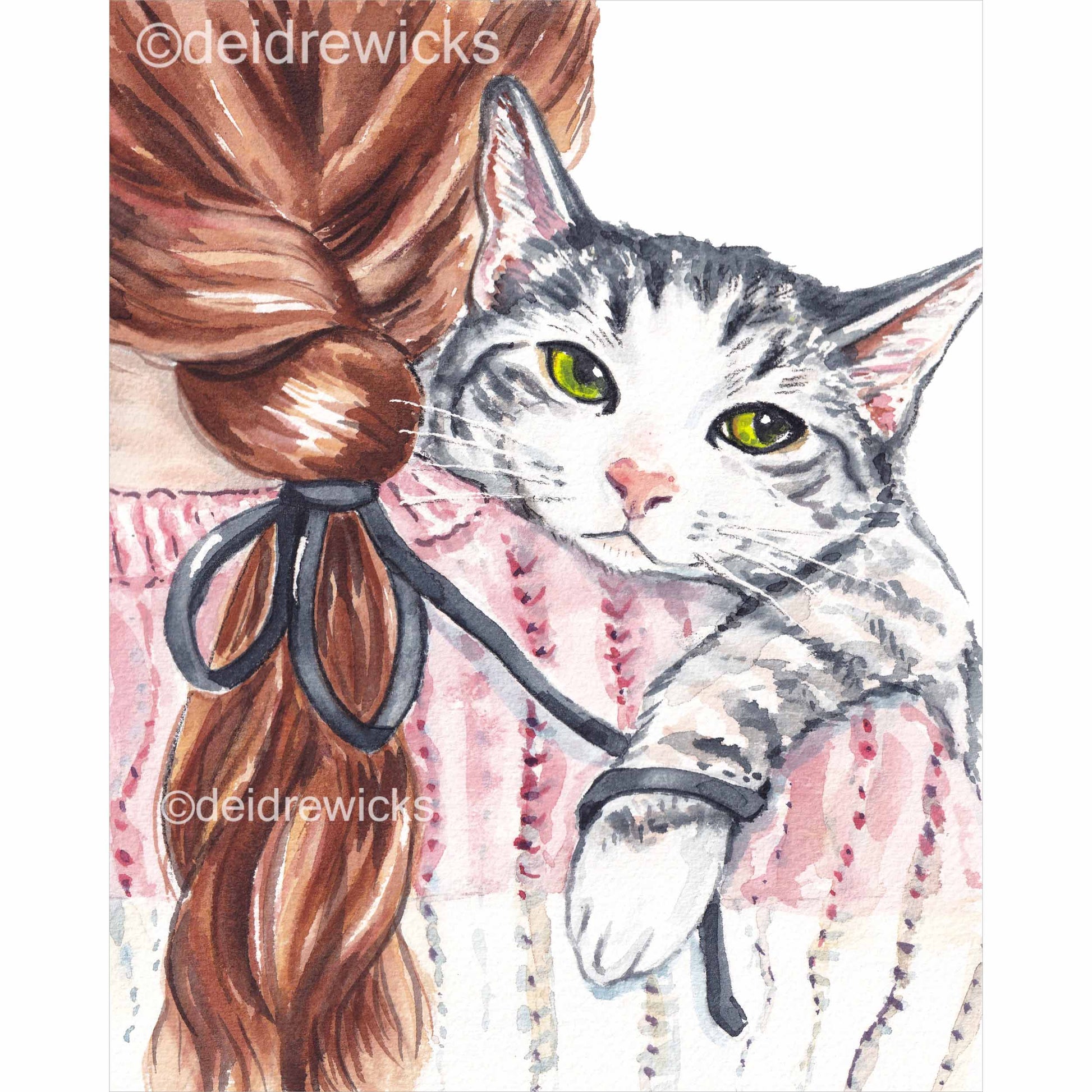 Watercolour Painting of a girl with a long braid holding her cat over her shoulder. Art by Deidre Wicks