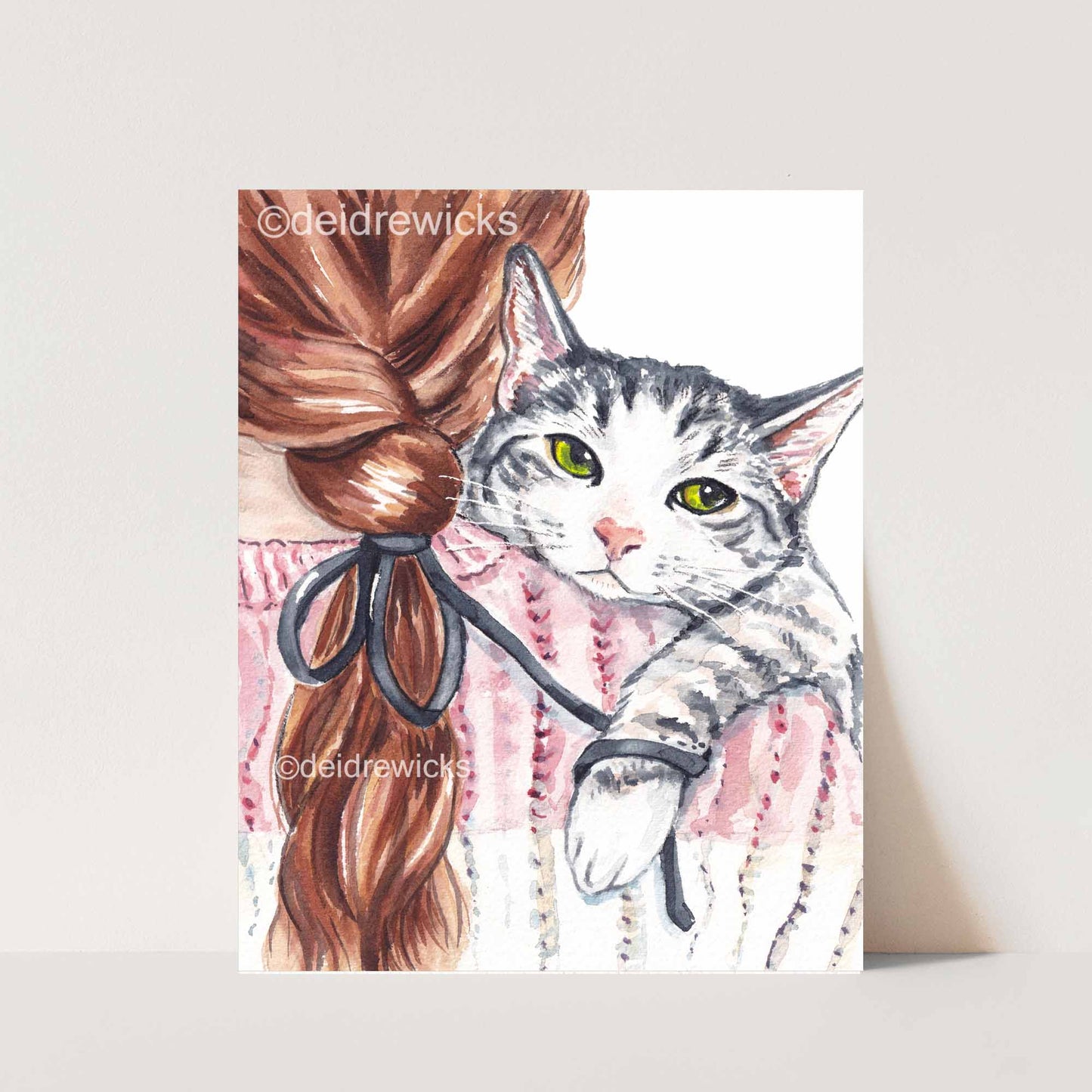Watercolor print of a girl with her beloved grey tabby cat over her shoulder. By artist Deidre Wicks