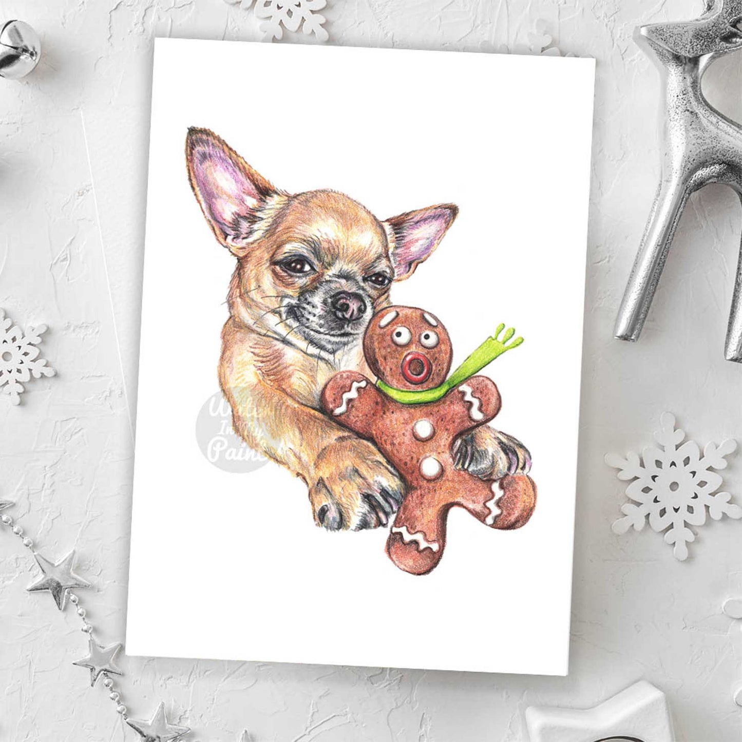 Funny Chihuahua dog christmas card. Art by Deidre Wicks