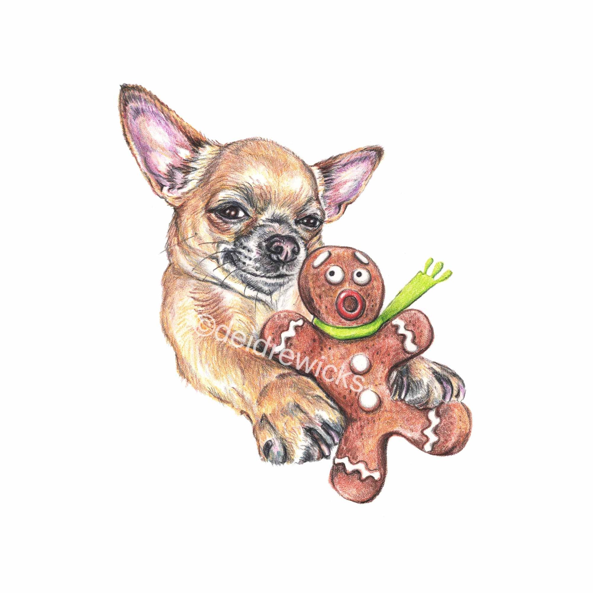 Crayon drawing of a devious chihuahua dog grabbing a gingerbread man cookie. Christmas art by Deidre Wicks