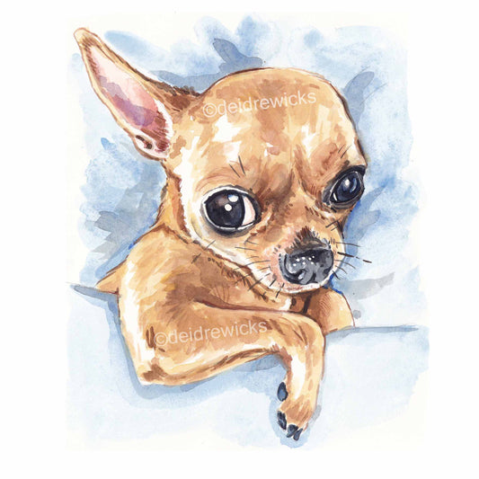 Watercolour painting of a sleepy chihuahua puppy dog