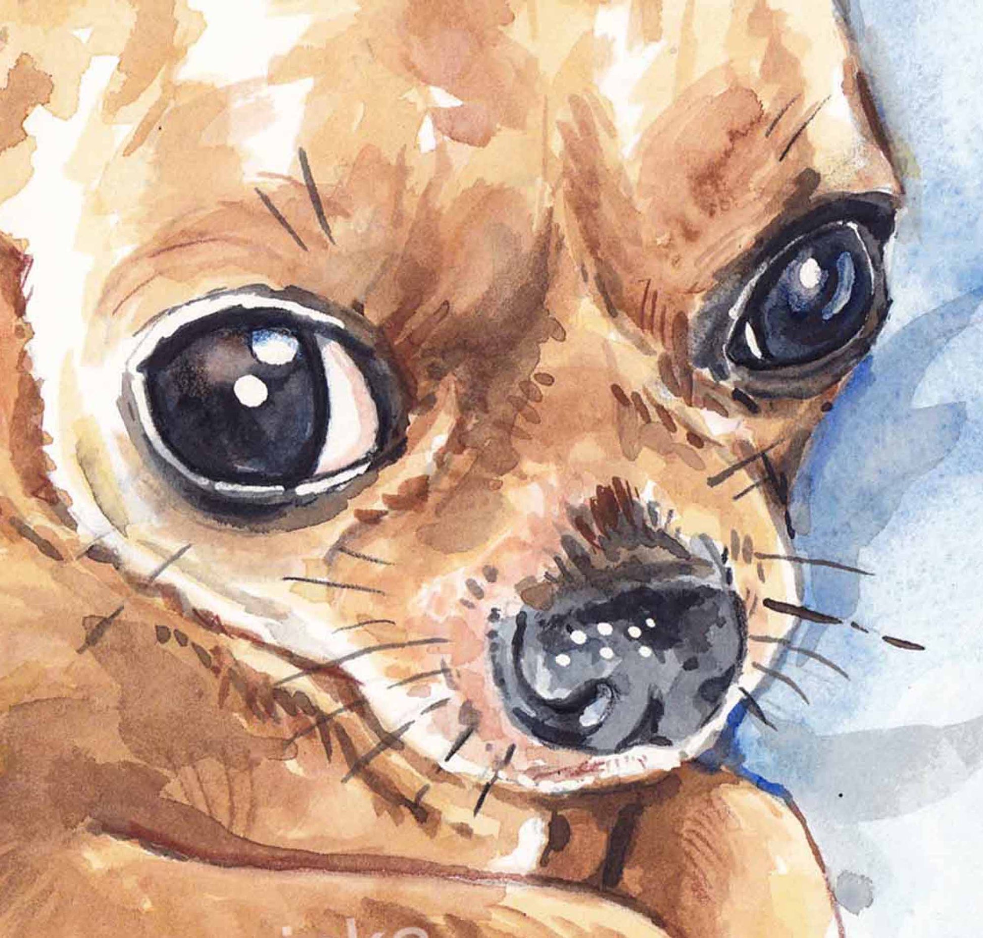 Close up of a watercolor painting of a big eyed Chihuahua