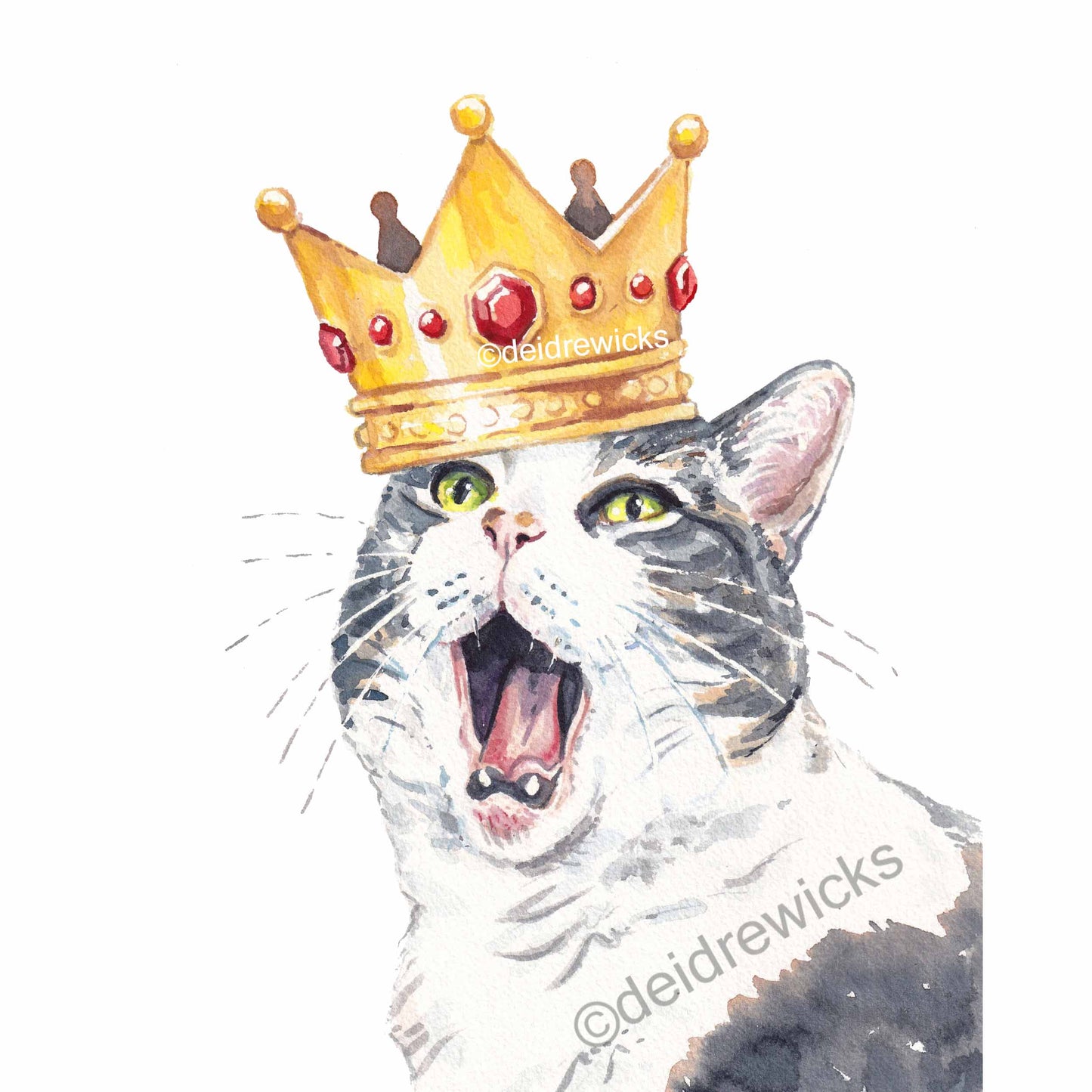 Watercolour painting of a grey tabby cat wearing a gold crown while complaining. Art by Deidre Wicks