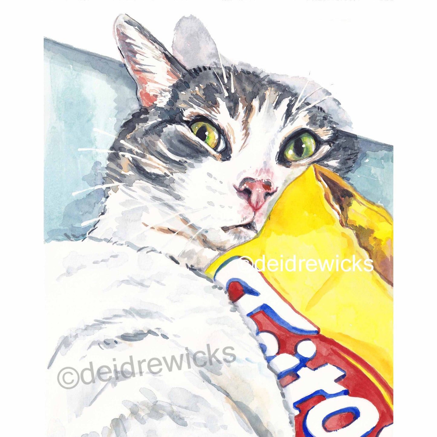 Watercolour painting of a grey tabby cat who won't share her corn chips. Art by Deidre Wicks