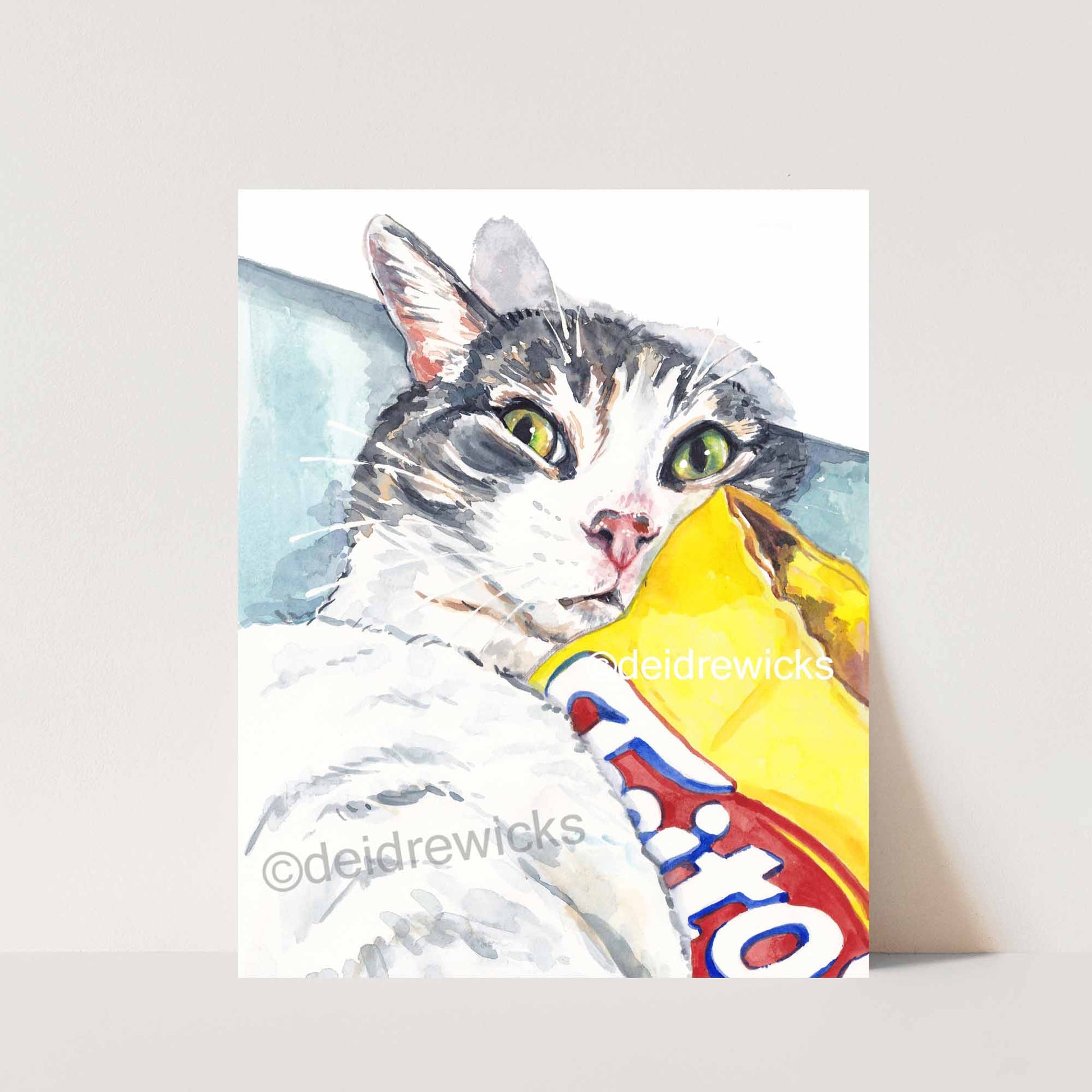 Watercolor print featuring a tabby cat hugging a bag of corn chips. Copyright Deidre Wicks