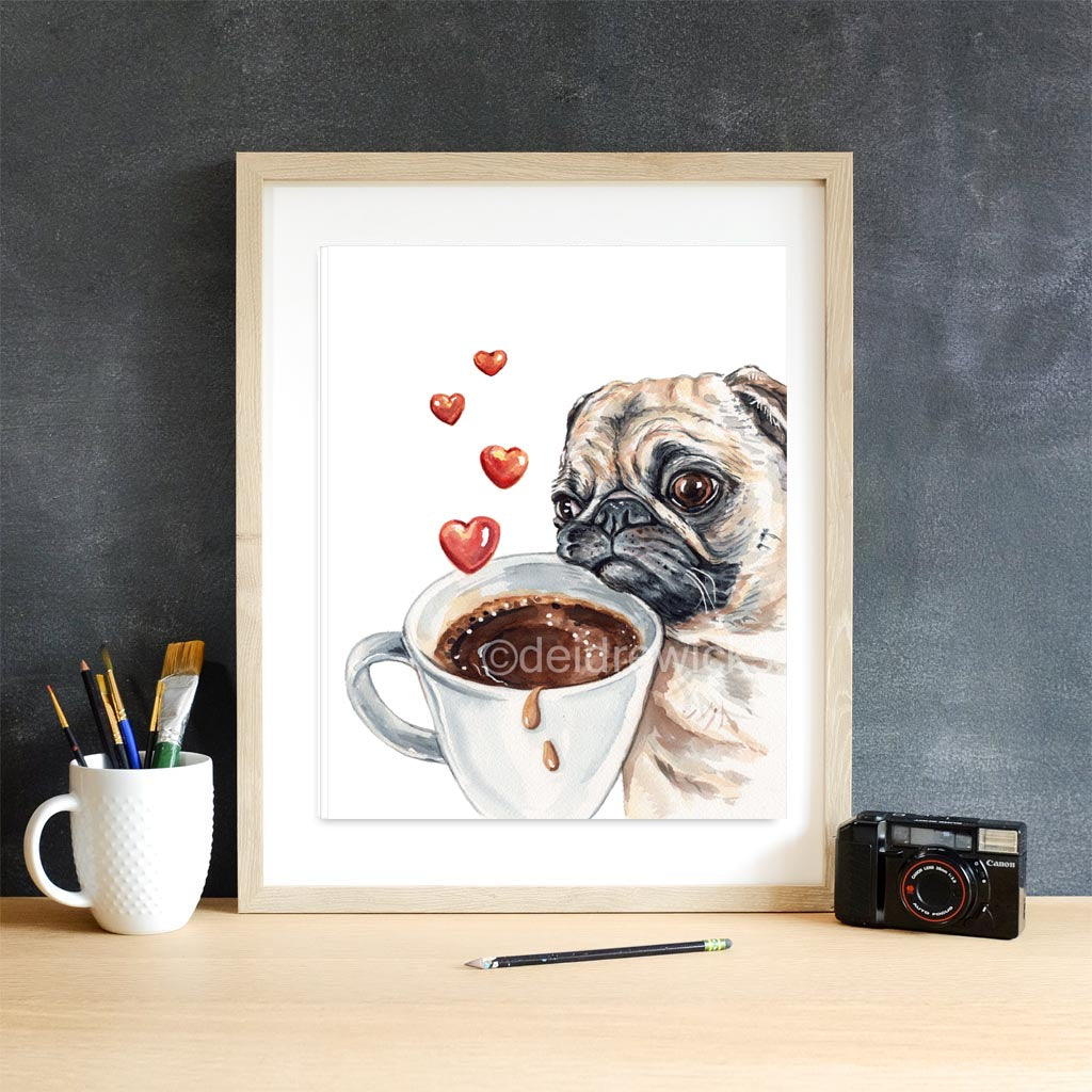 Coffee pug dog watercolour painting by Water In My Paint