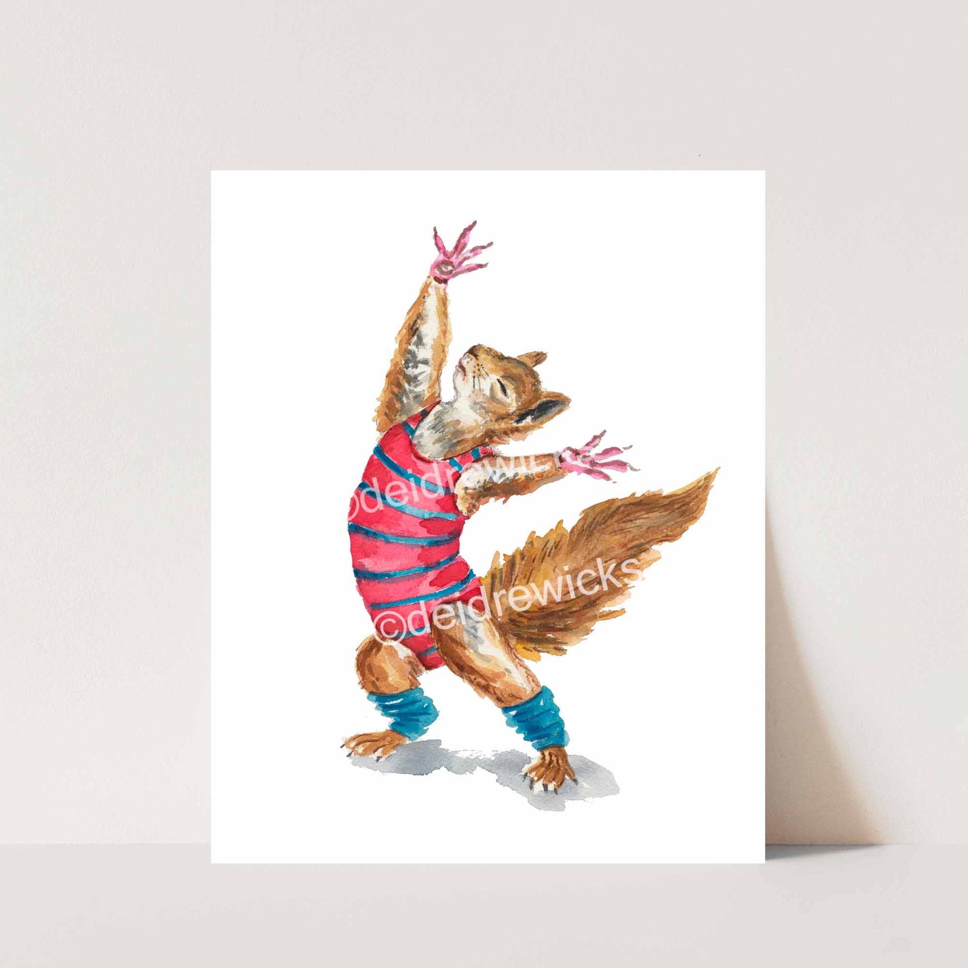 Squirrel watercolor print featuring a squirrel doing jazz dancing