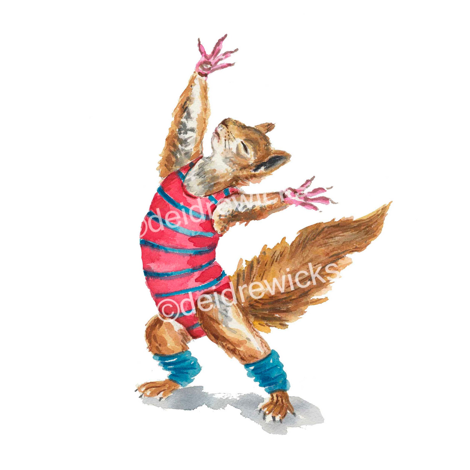 Watercolour print of a squirrel in 80s exercise cloths dancing