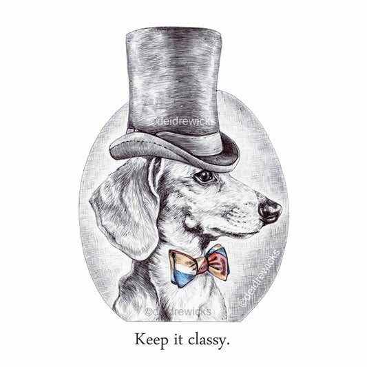 Ballpoint pen ink drawing of a dachshund dog wearing a top hat and bow tie. He's classy like that. By Deidre Wicks