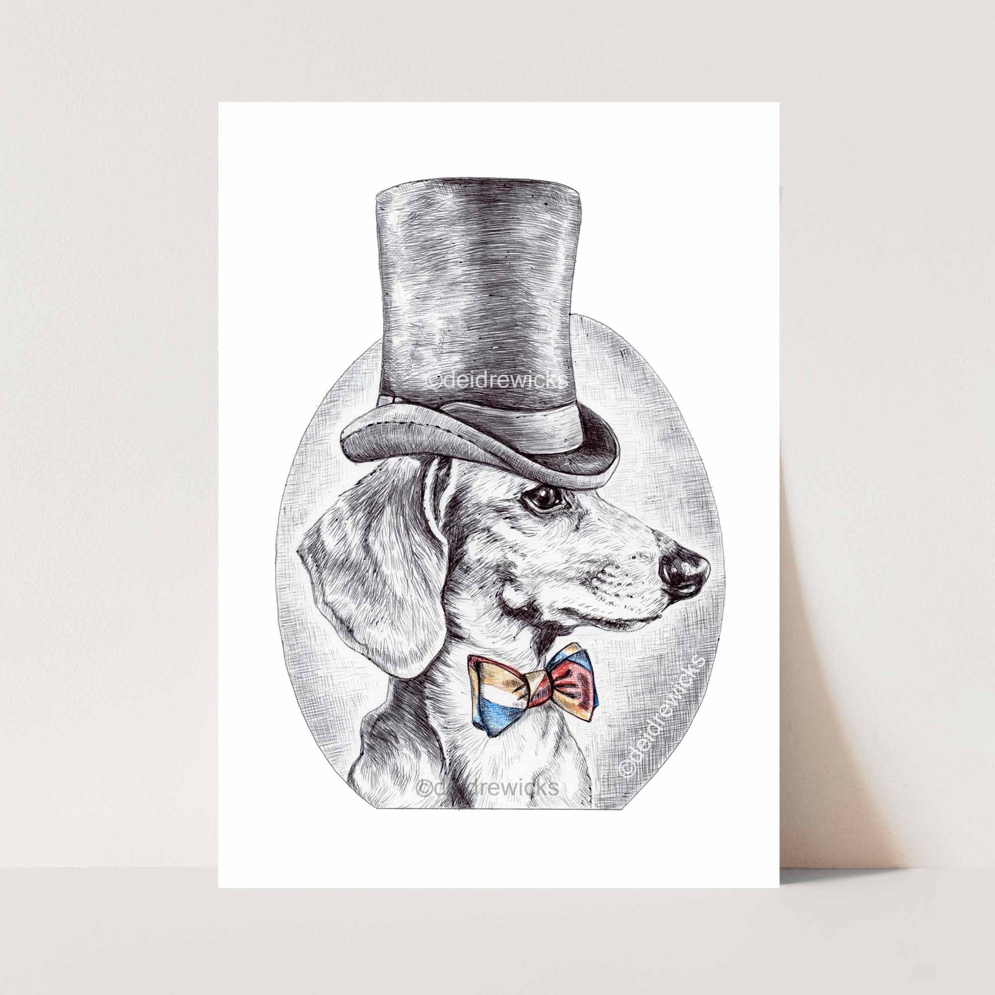 Ballpoint pen ink drawing of a dachshund dog wearing a top hat and bow tie. He's classy like that. By Deidre Wicks