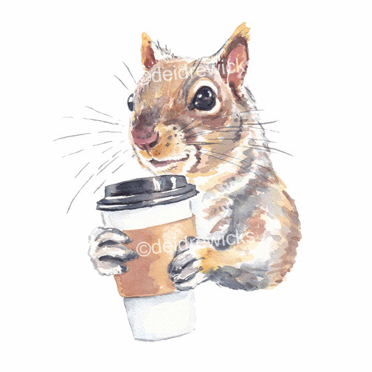 Watercolour painting of a happy squirrel holding a large cup of coffee by artist Deidre Wicks
