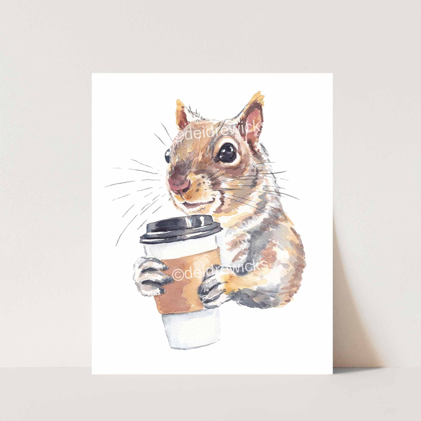 Squirrel watercolour print of a grey squirrel holding a large take-out coffee. Original painting by Water In My Paint