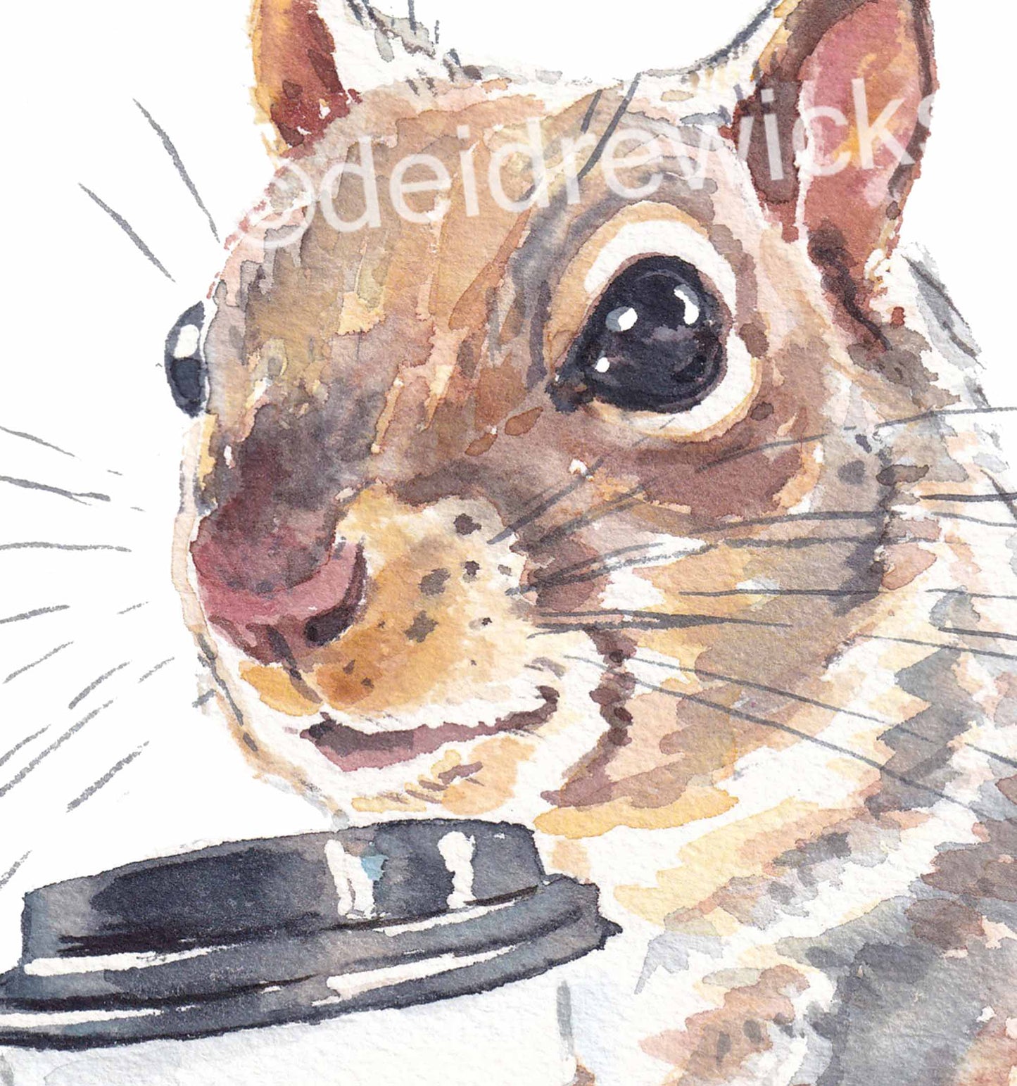 Close up of a watercolour painting of a squirrel holding a coffee cup