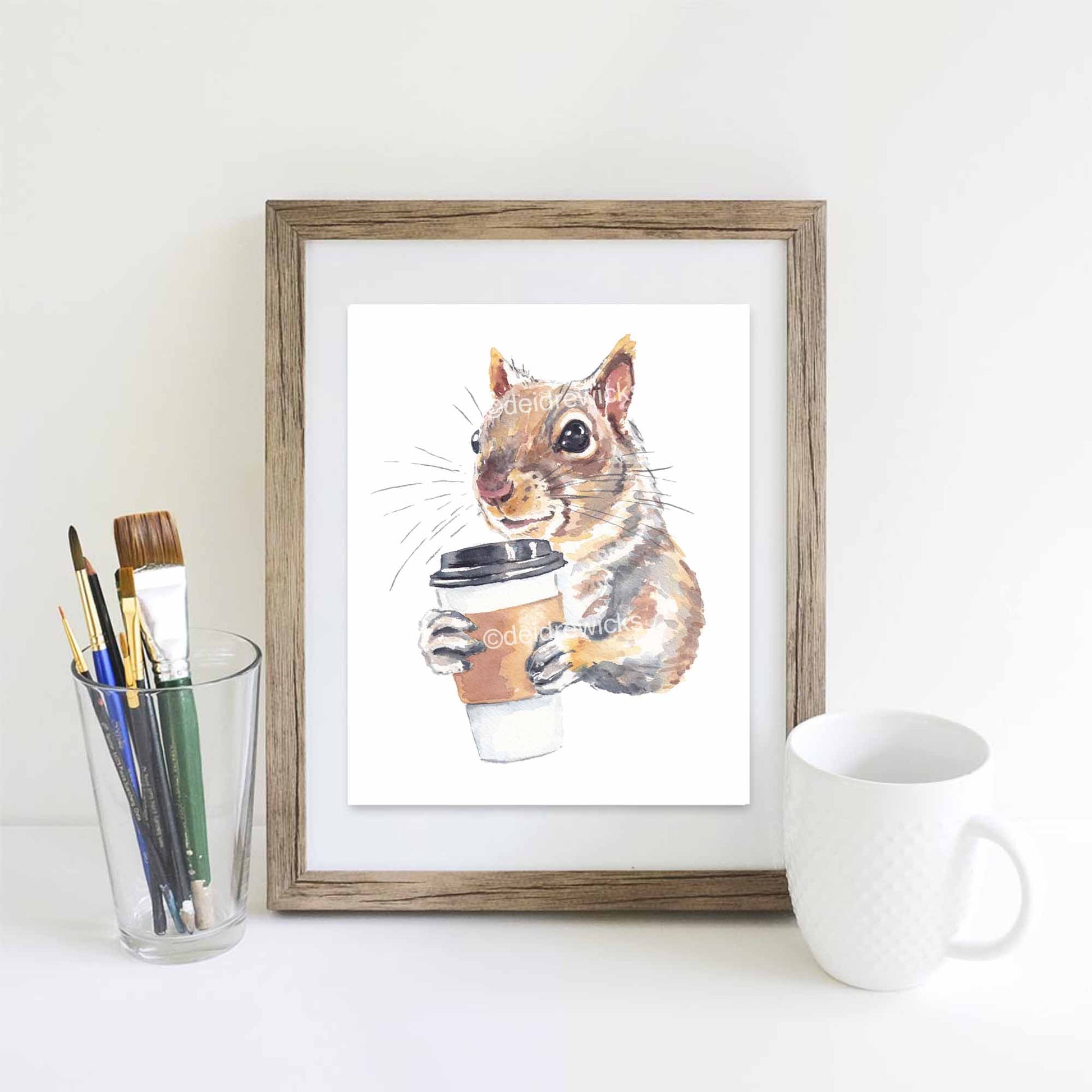 Framed example of a squirrel watercolour painting by Deidre Wicks