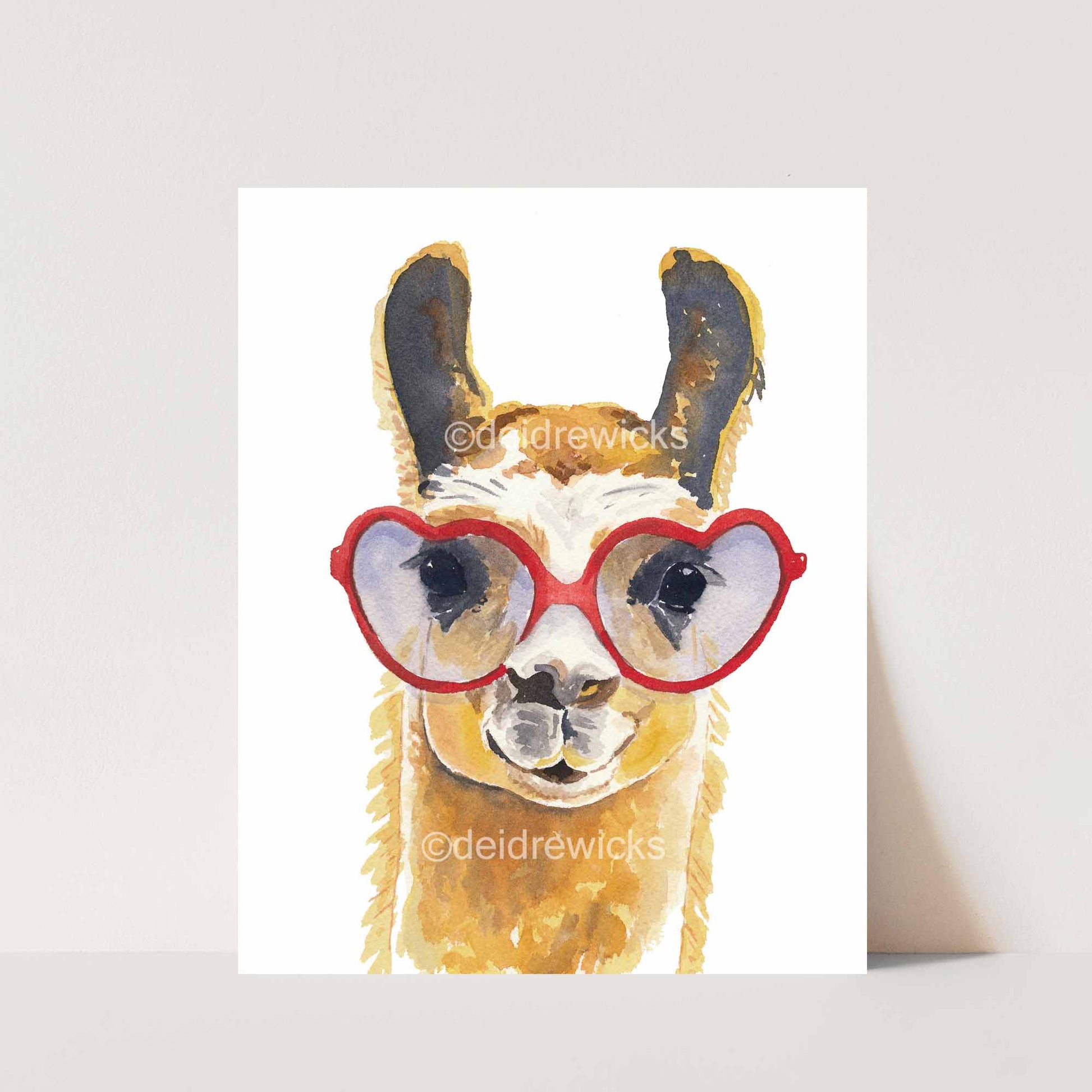 Painting of a llama wearing heart glasses by Deidre Wicks