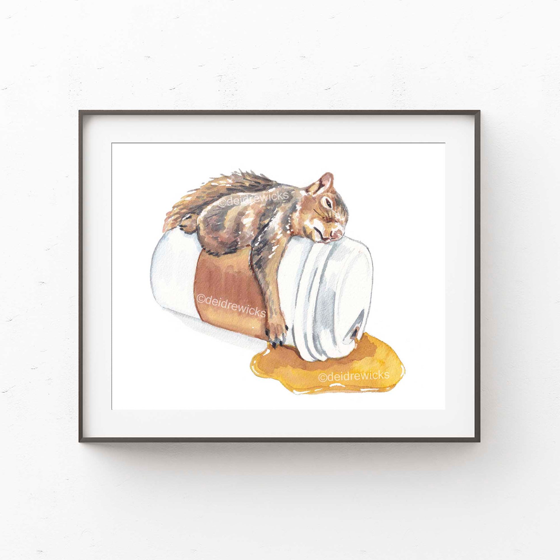 Framing suggestion for a watercolour print of a squirrel sleeping on a cup of coffee