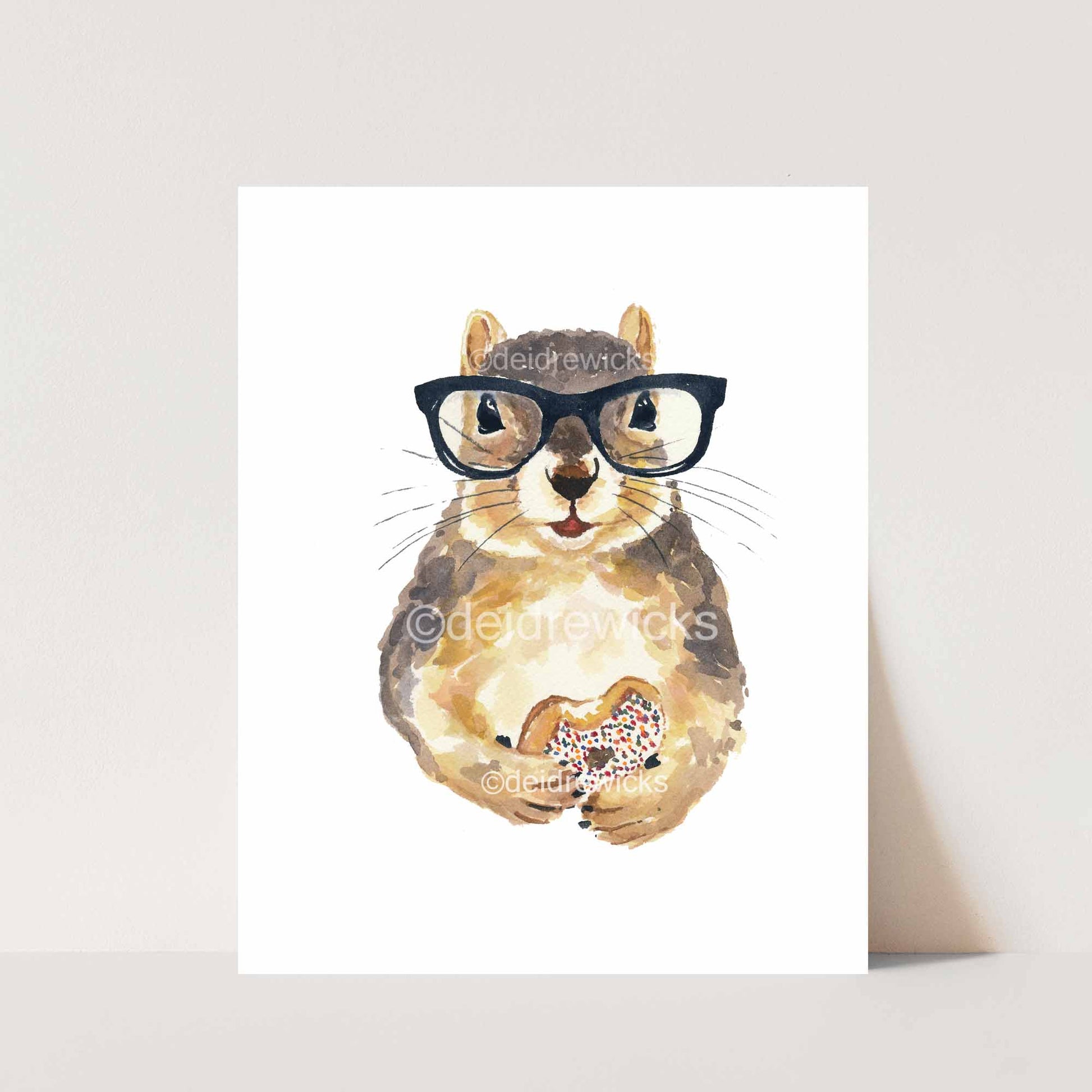 Watercolour painting of a squirrel wearing hipster glasses and eating a donut