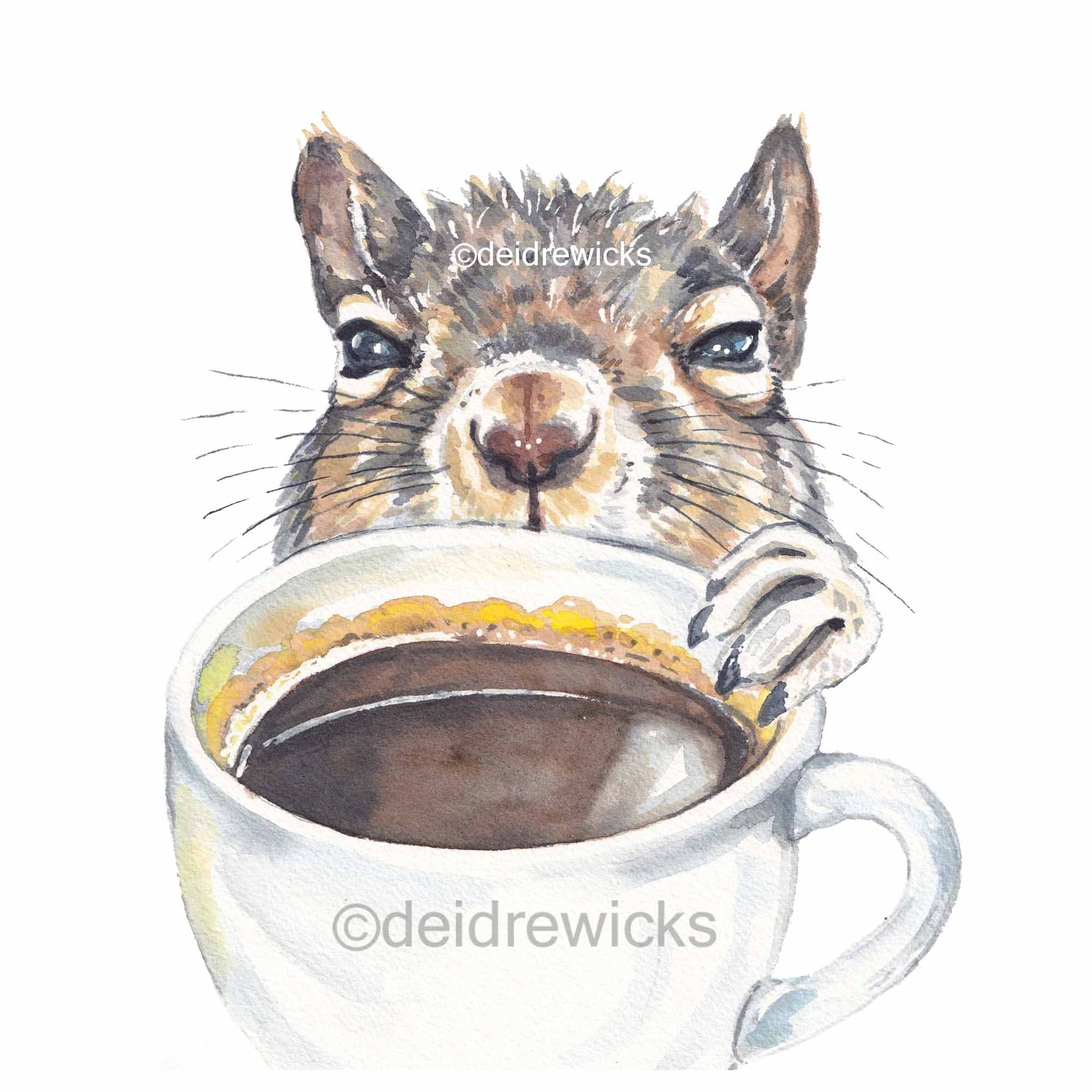 Watercolour painting of a bleary-eyed squirrel reaching for a cup of coffee. Original animal art by Deidre Wicks
