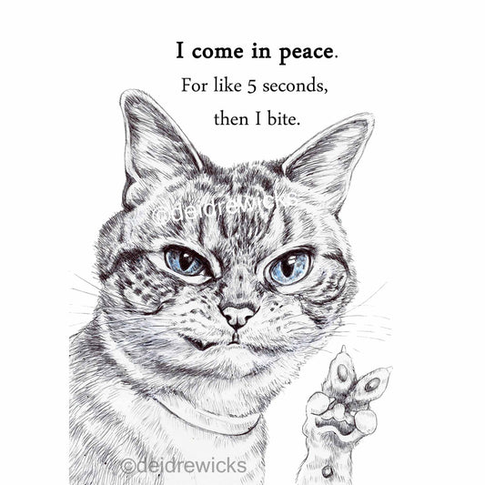 Ballpoint Pen drawing of a Persian cat grinning and showing the peace sigh with his paw. By Deidre Wicks