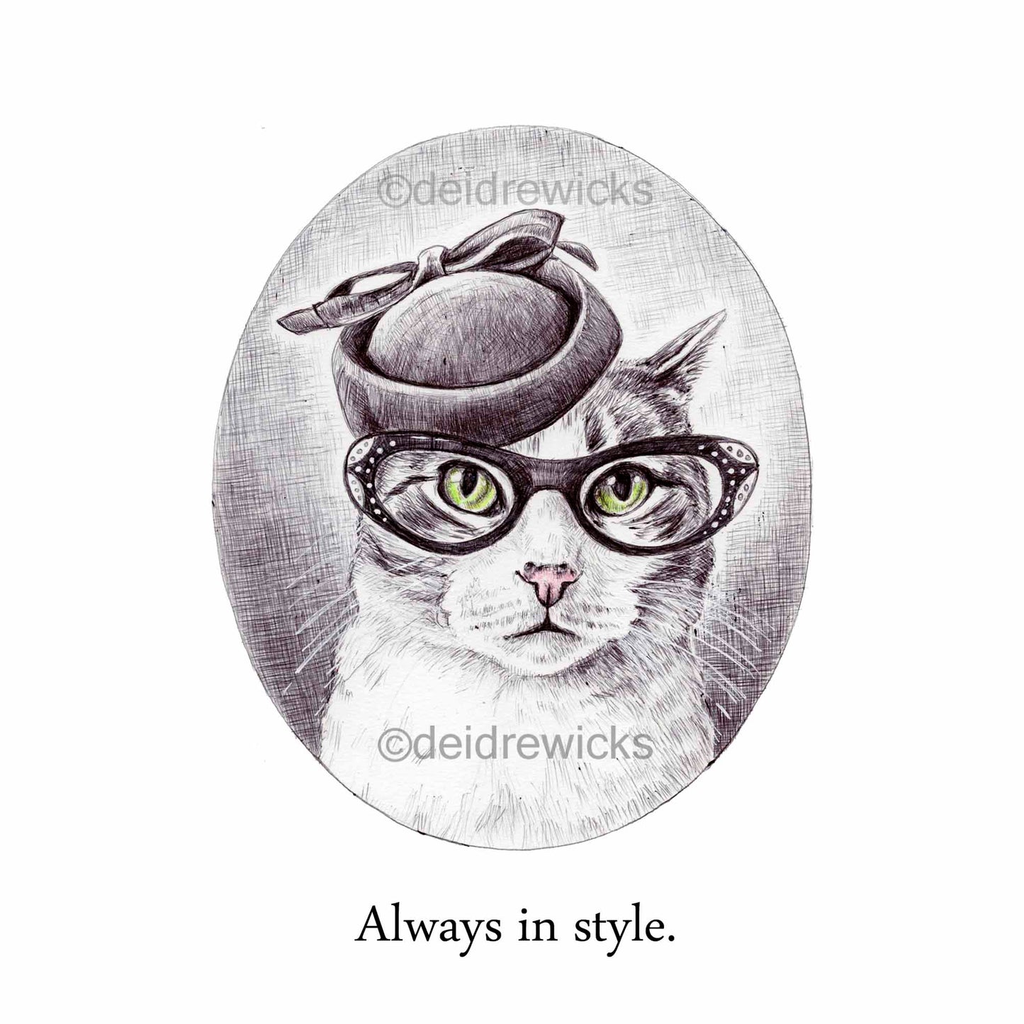 Ballpoint pen drawing of a tabby cat wearing a vintage bill pox hat and cat-eye glasses