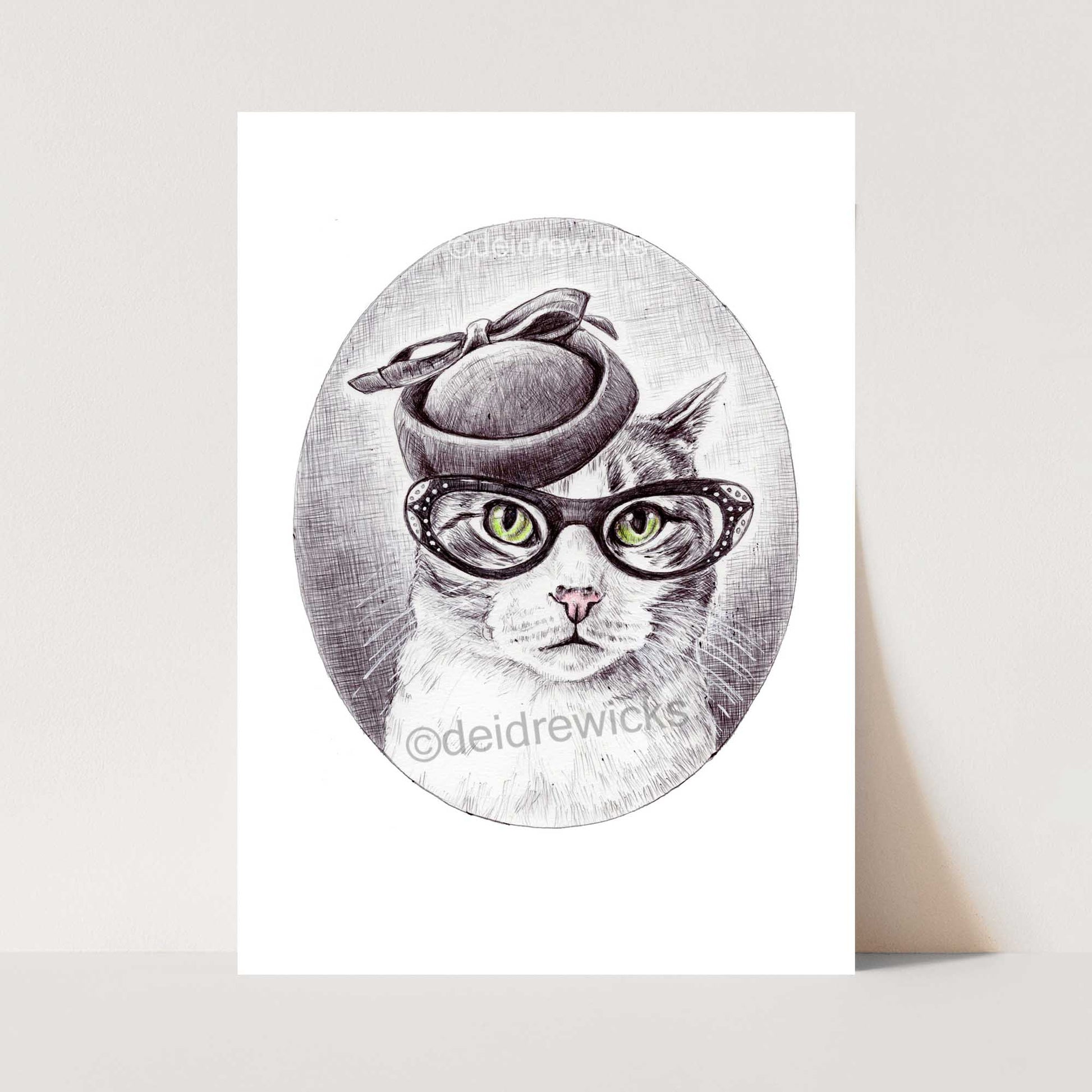 Ballpoint pen print of a stylish cat wearing a vintage pill box hat and cat eye glasses. Art by Deidre Wicks