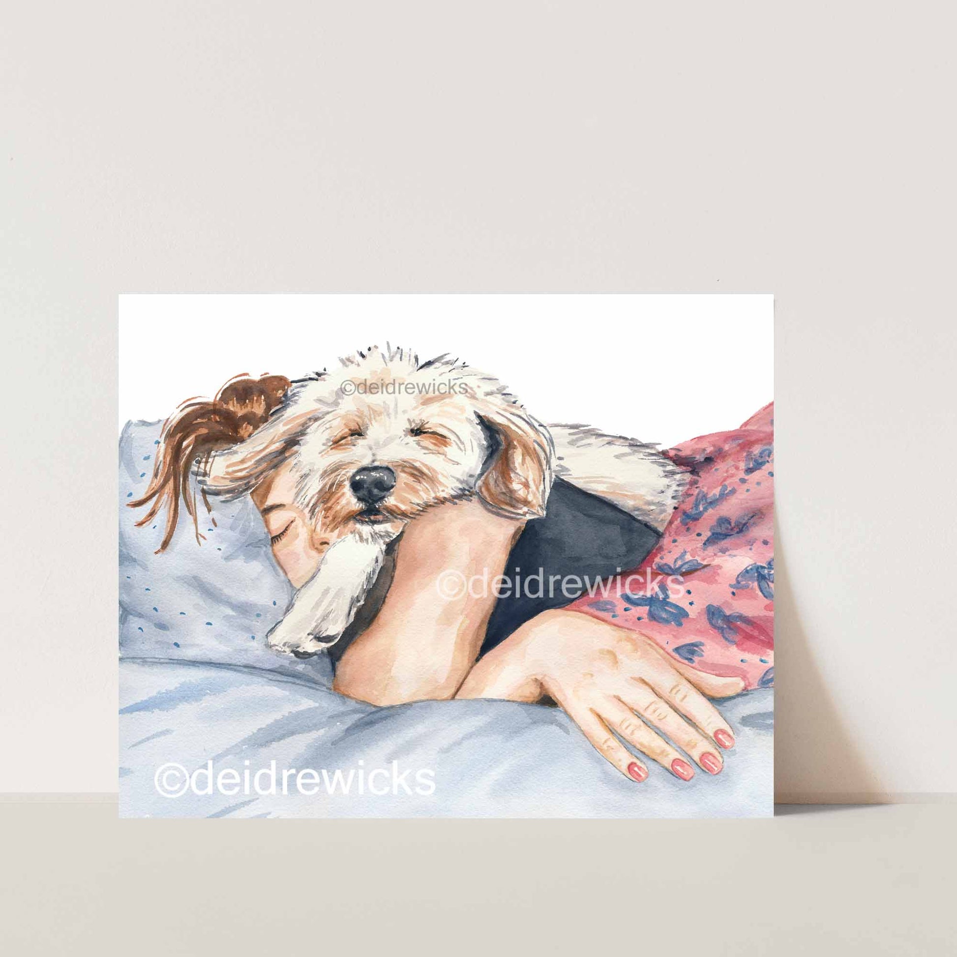 Watercolour painting print of a dark haired girl sleeping with her poodle mix dog