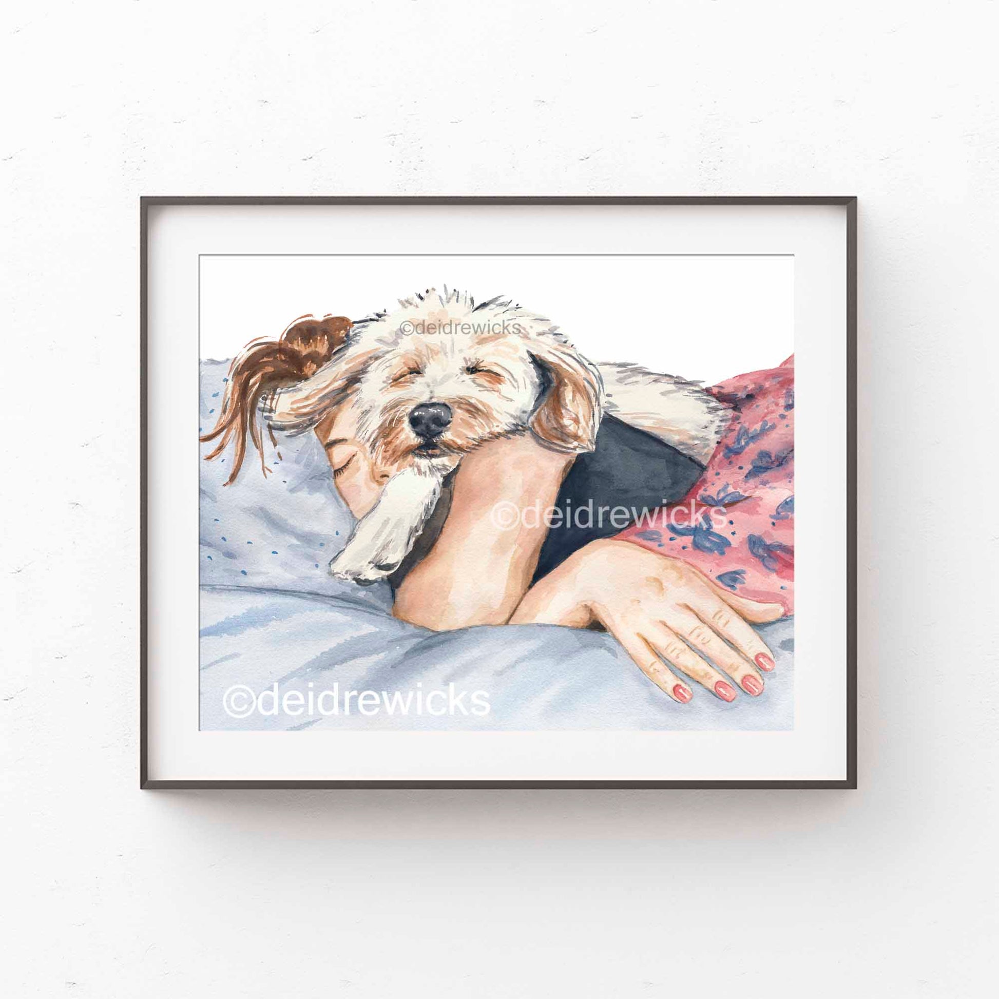 Example framing of a dog portrait watercolour painting by Deidre WIcks