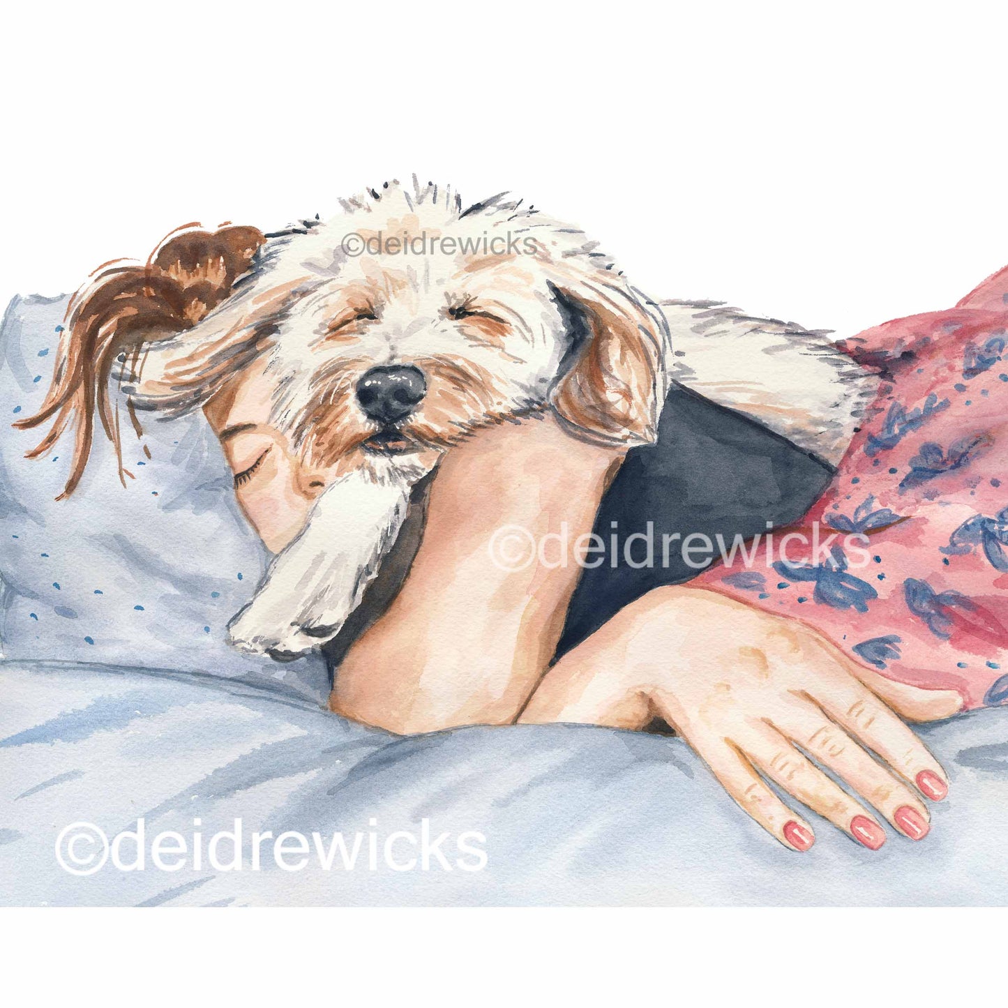 Watercolour portrait painting of a girl napping with her poodle mix dog