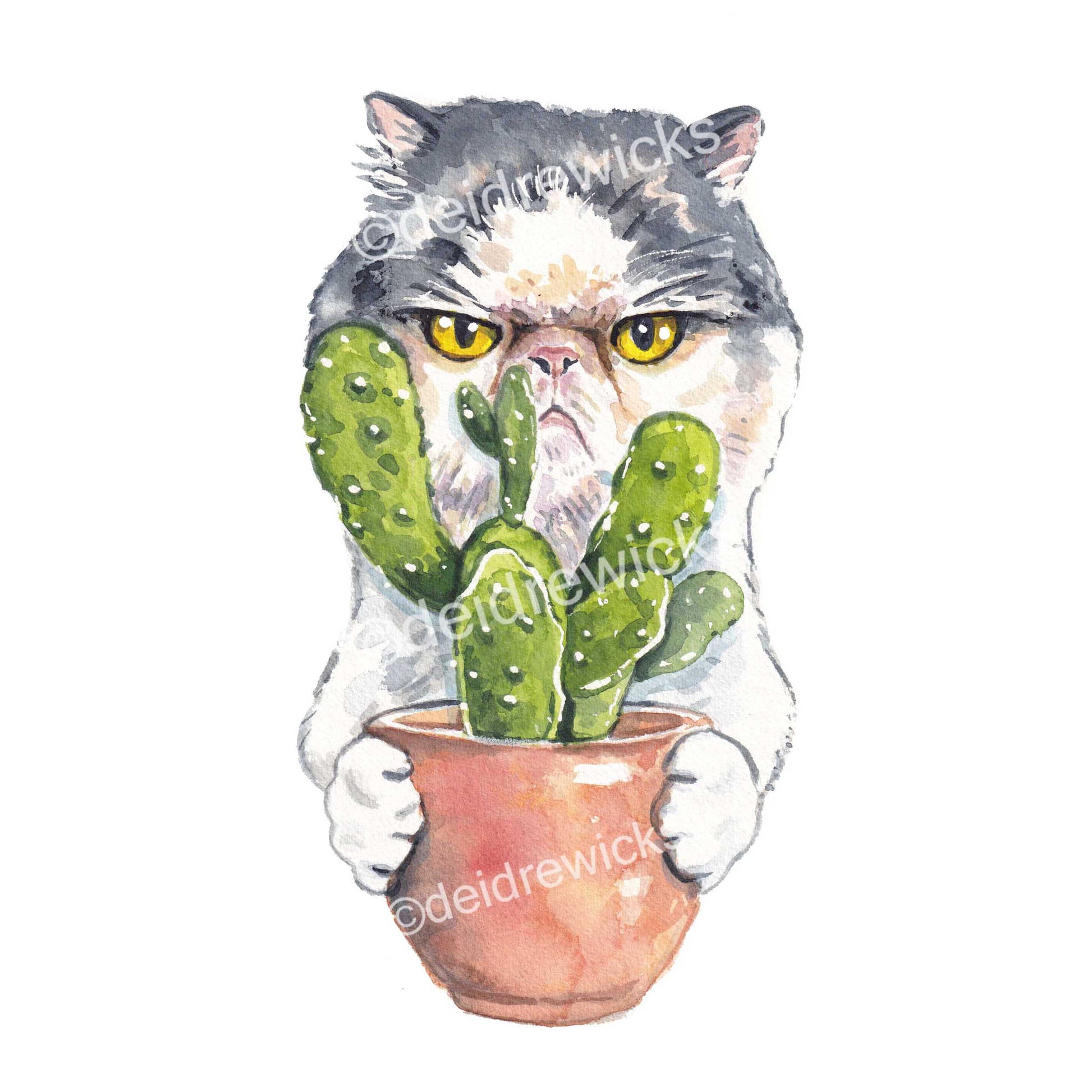 Watercolour Print of an angry Persian cat holding a potted cactus plant