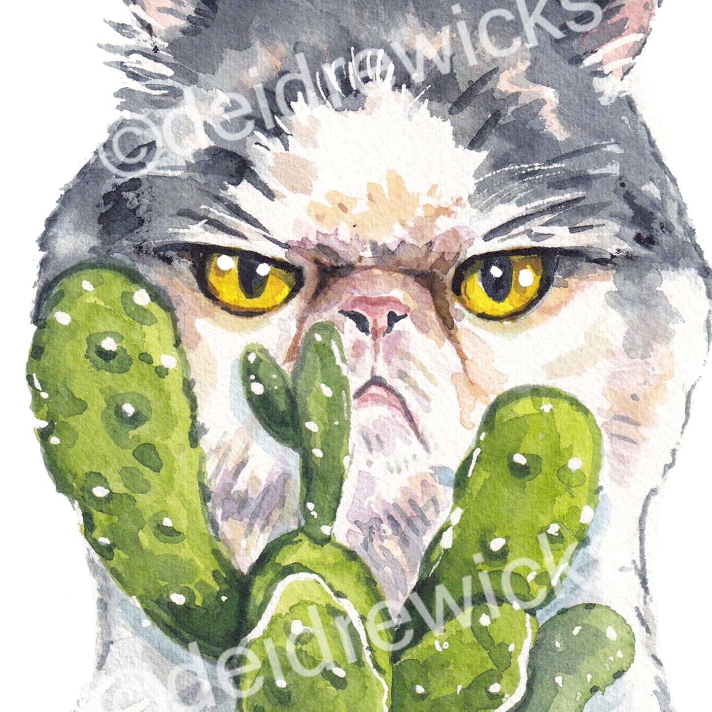 Close up of a watercolour painting of a grumpy grey and white Persian cat