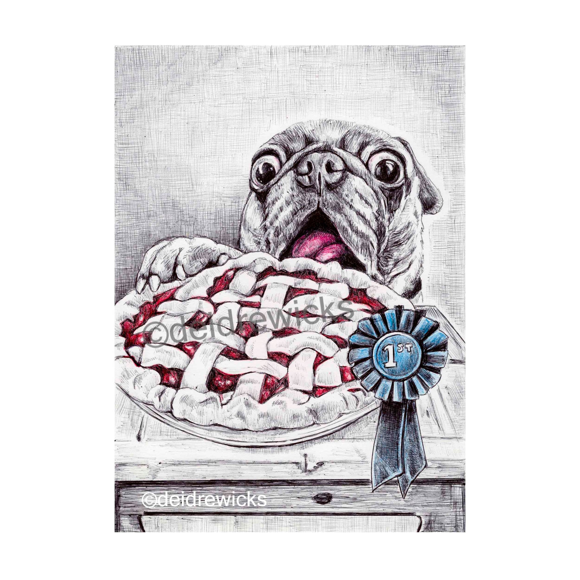 Ballpoint pen drawing of a pug dog about to steal a blue ribbon prize winning pie. Art by Deidre Wicks