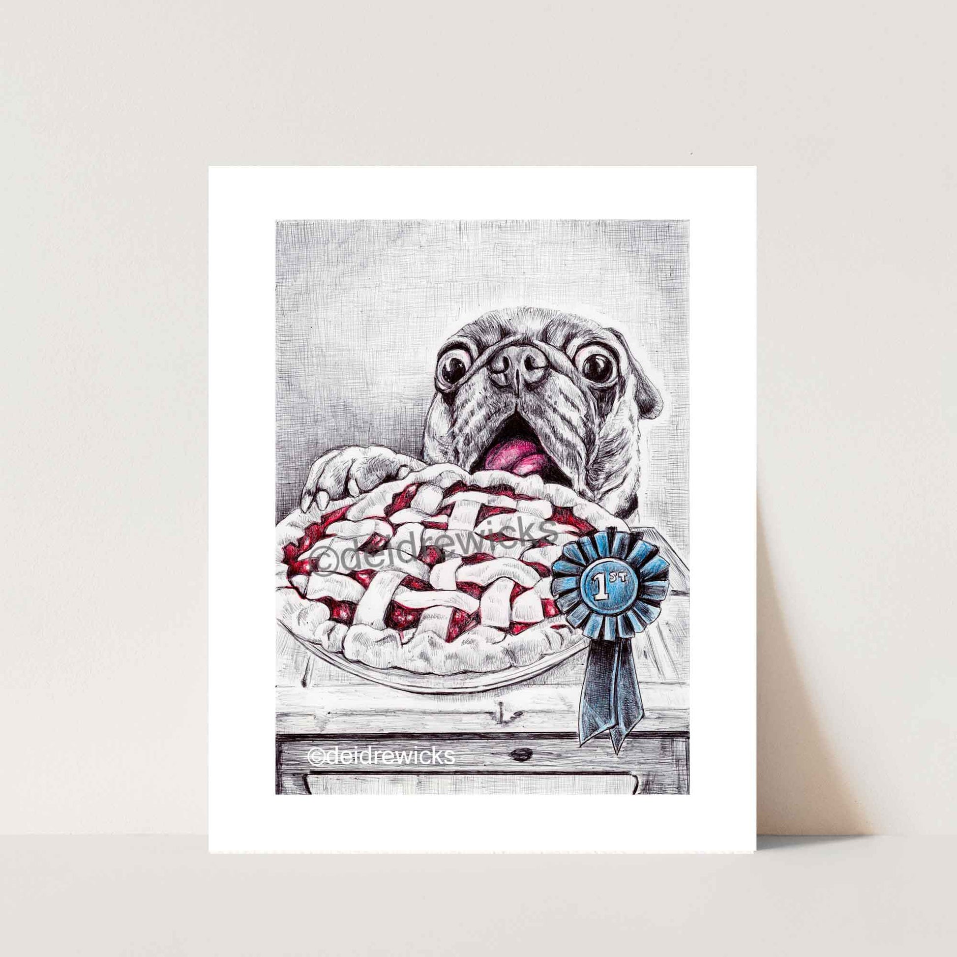Ball point pen dog drawing of a pug about to steal a berry pie off of a table. By Deidre Wick