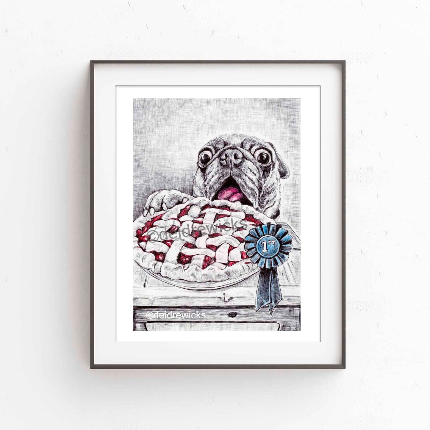 Framed example of a ballpoint pug dog print by Deidre Wicks