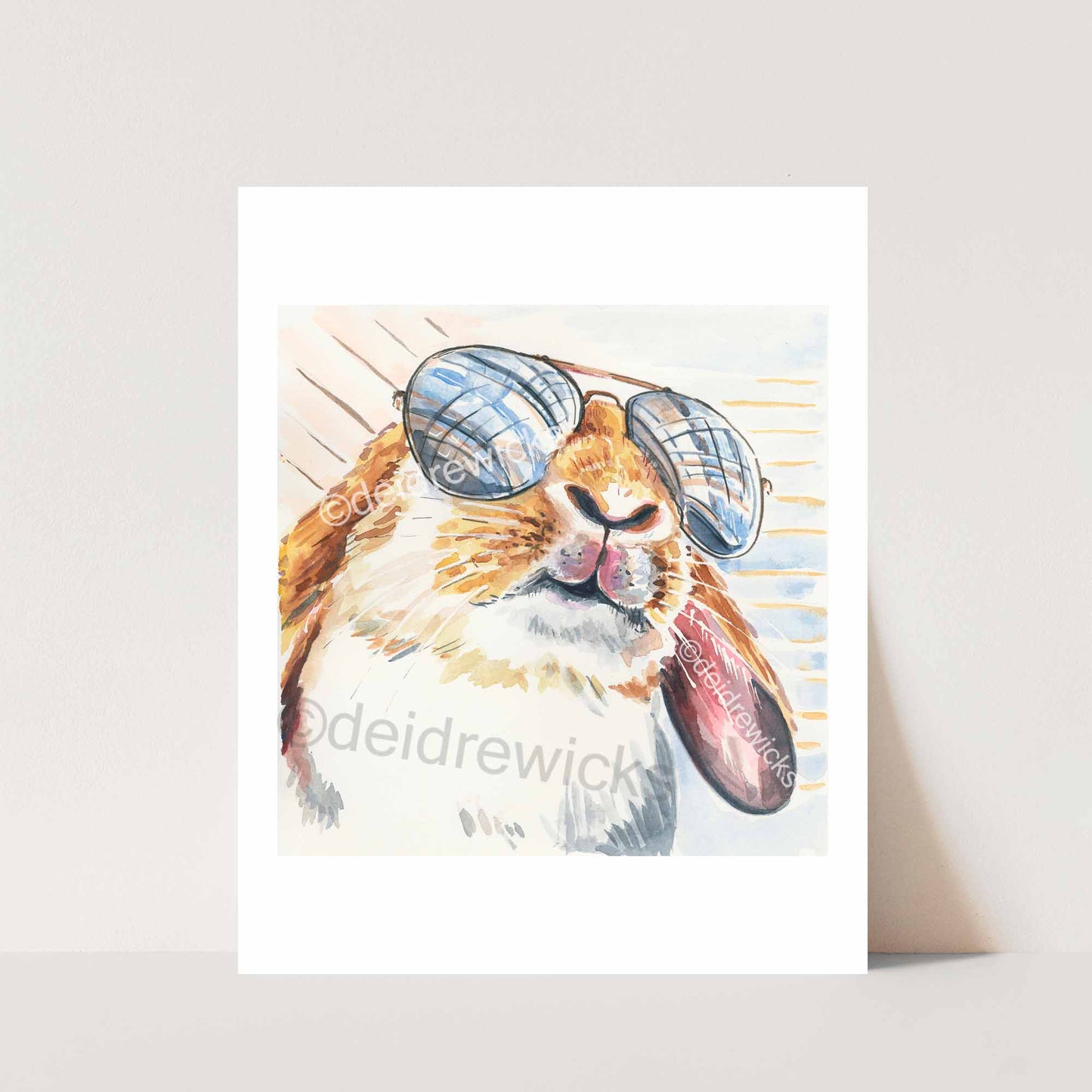 Watercolor print of a lop eared bunny rabbit wearing reflective aviator sunglasses