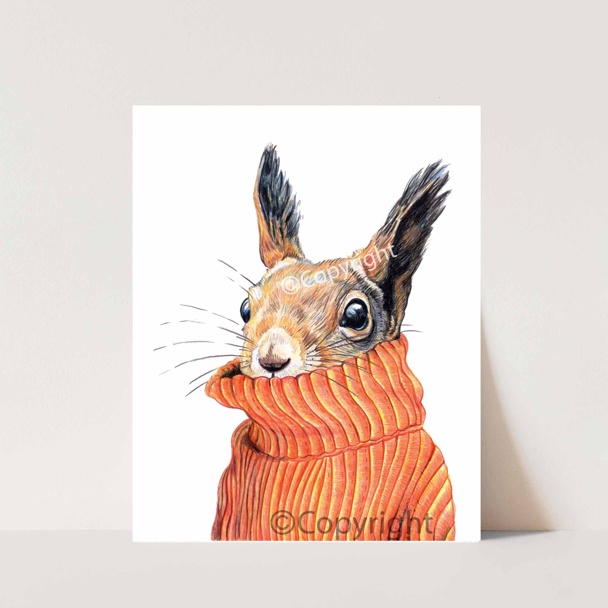 Coloured pencil drawing of a European red squirrel wearing an oversized orange turtleneck sweater. Art by Deidre Wicks