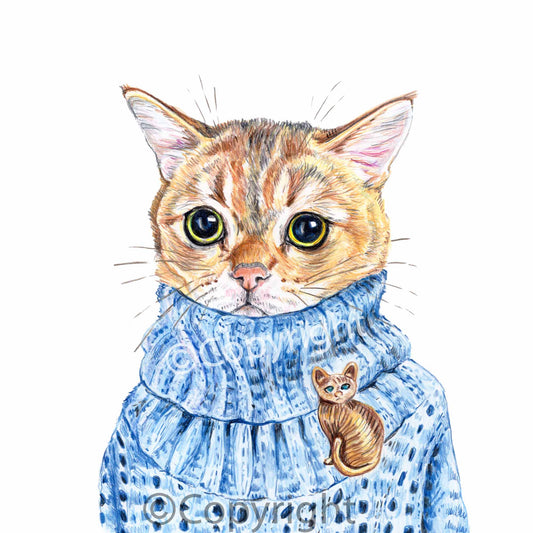 Pastel drawing of a shy tan Persian cat wearing knitted blue sweater. Art by Deidre Wicks