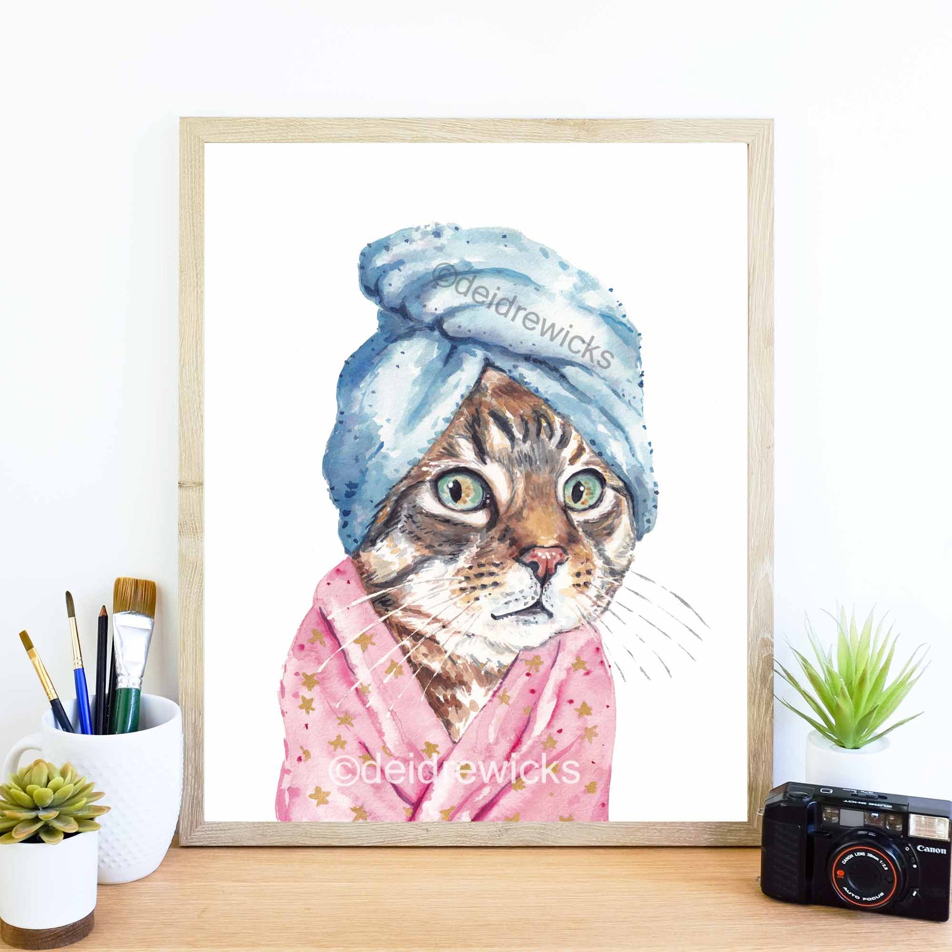 Framed example of a tabby cat watercolour painting by Deidre Wicks. Perfect for a bedroom or bathroom