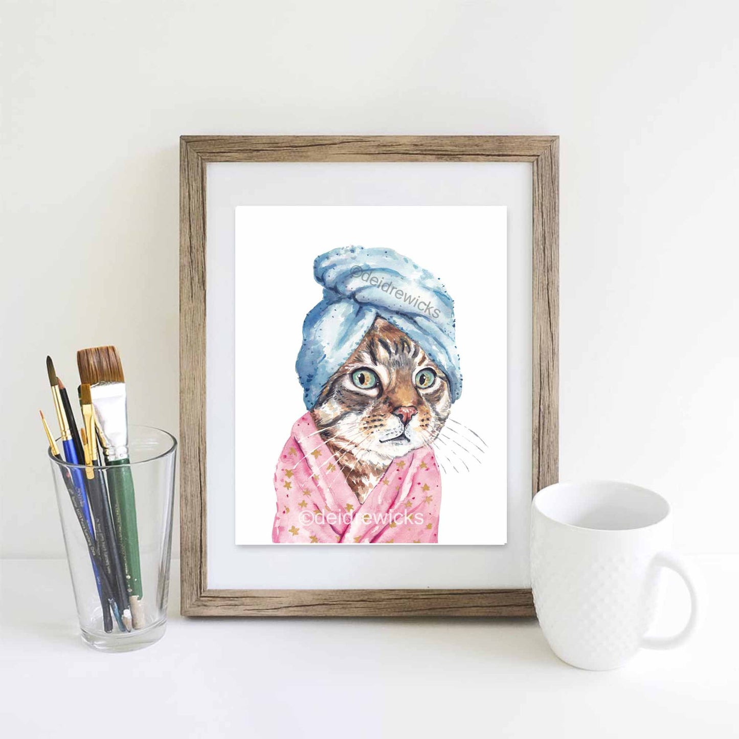 Framed cat watercolor print by Deidre Wicks